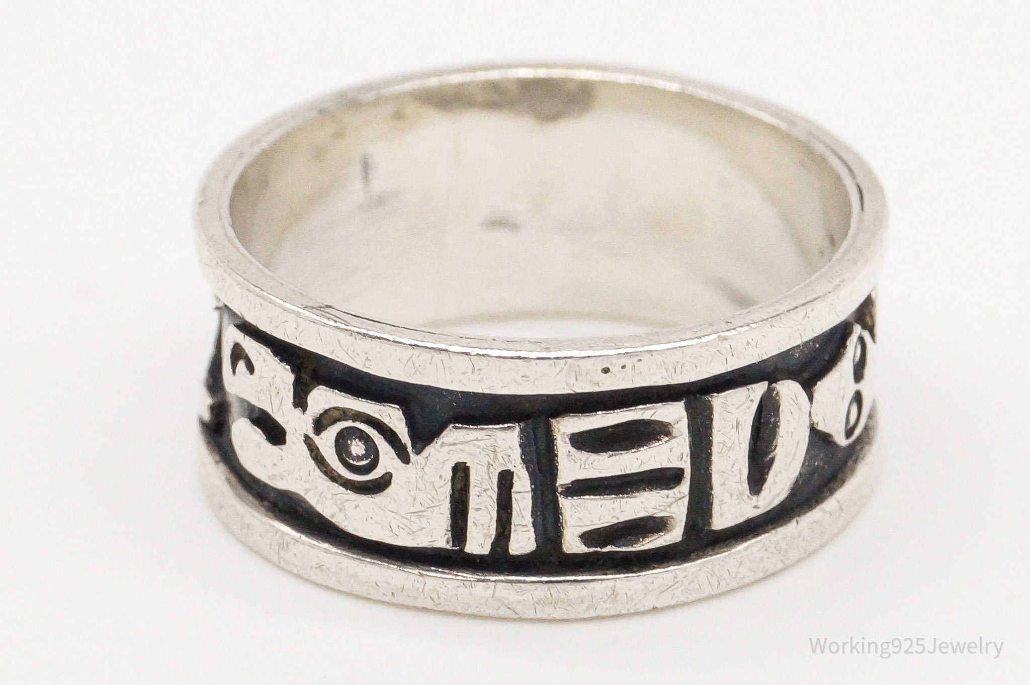 Vintage Tribal Symbols 950 Silver Band Ring - Size 6