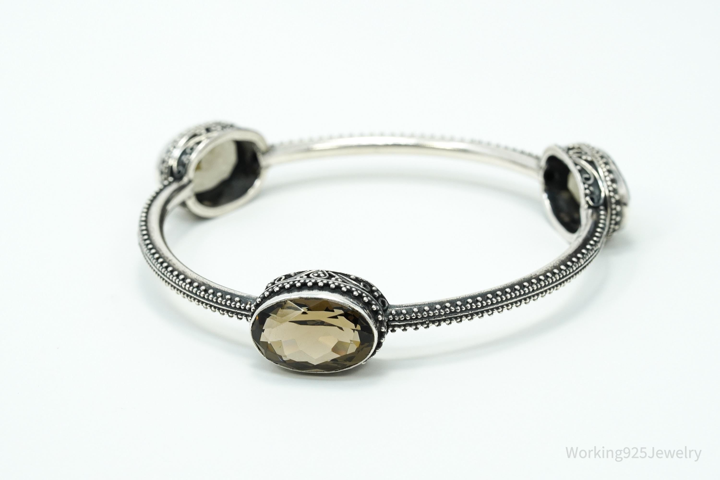 Vintage Smoky Topaz Silver Bangle Bracelet 8"