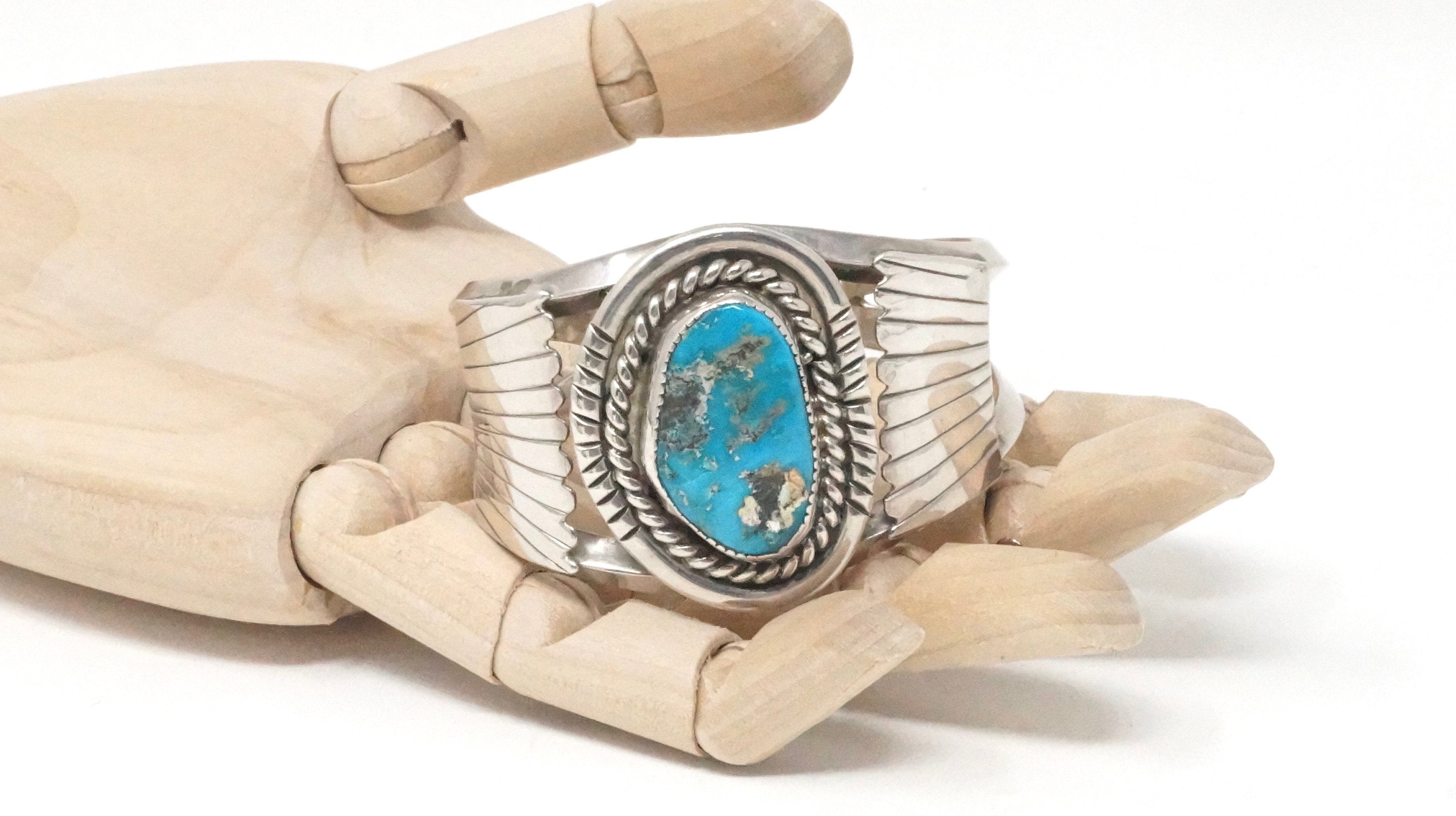 Vintage Native American WF Large Turquoise Rope Sterling Silver Cuff Bracelet