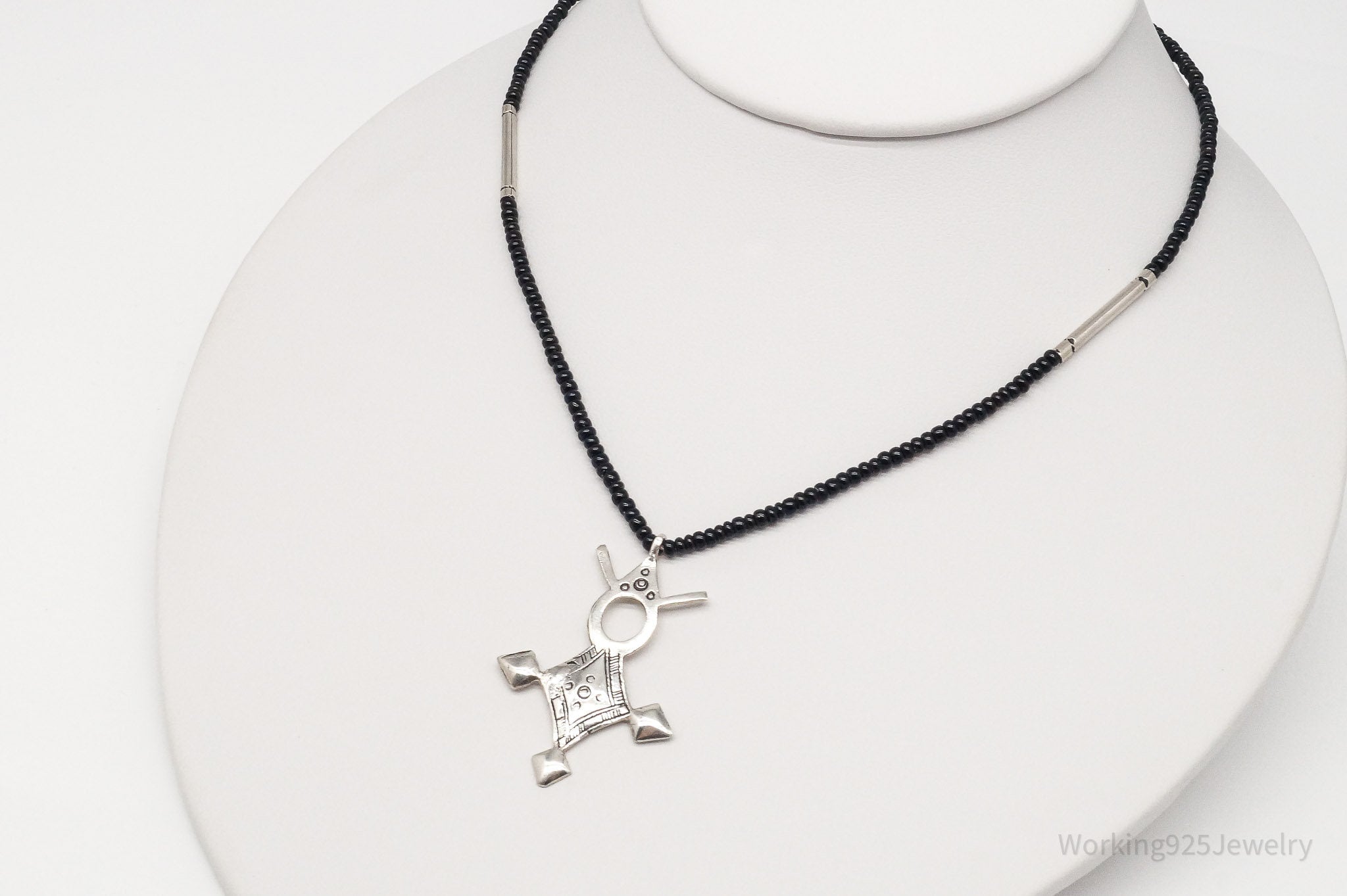 Vintage Large Silver Southern Cross Black Bead Necklace 18"