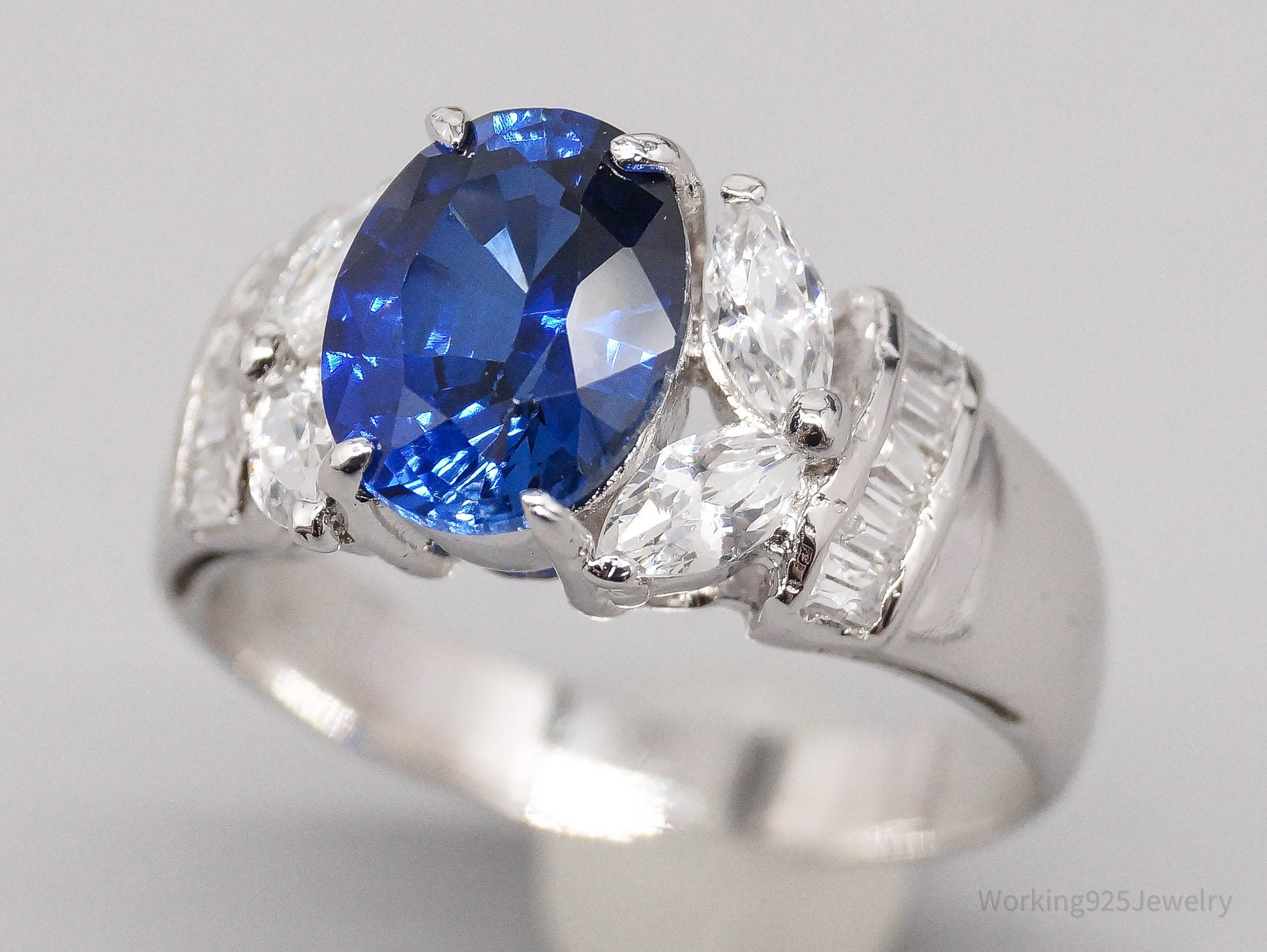 Vintage Lab Sapphire Cubic Zirconia 18Kt White Gold Ring Size 7.25