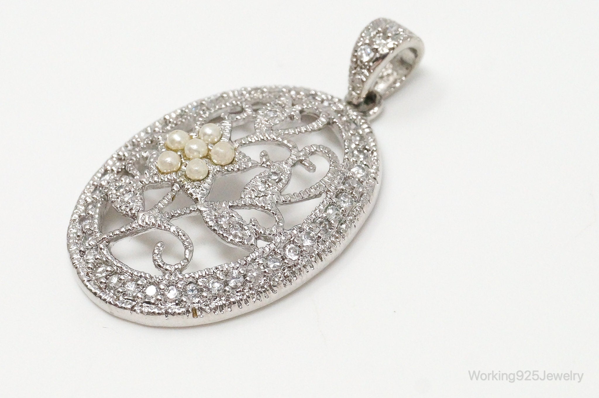 Large Vintage Faux Pearl Cubic Zirconia Sterling Silver Pendant