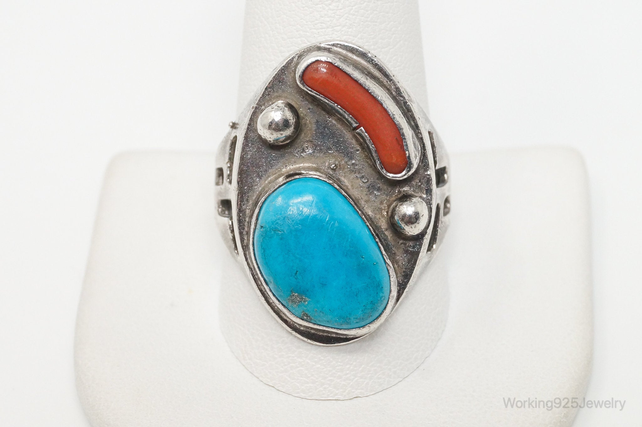 Vintage Native American Turquoise Coral Unsigned Sterling Silver Ring - Sz 12.25