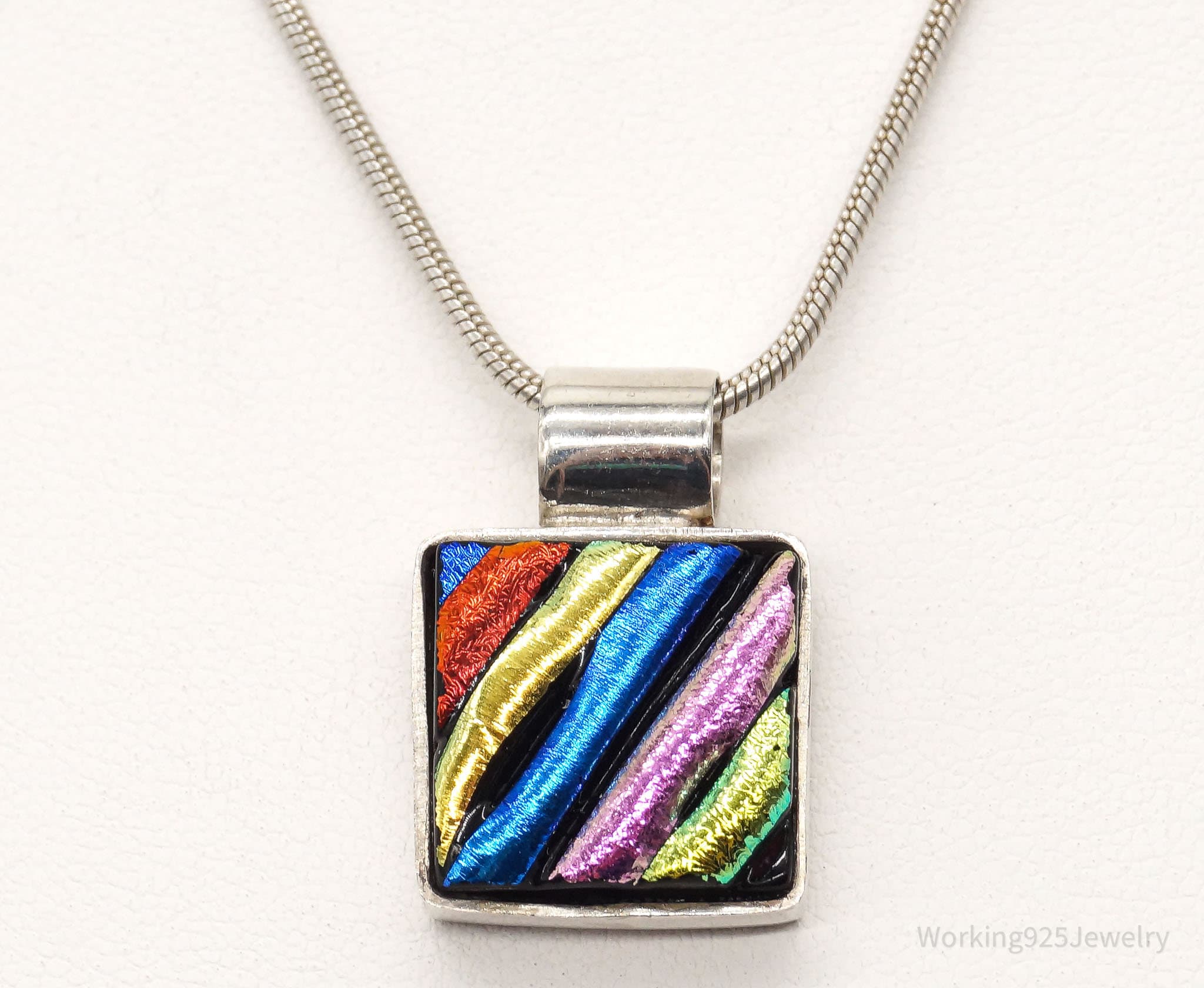 Vintage Rainbow Dichroic Glass Sterling Silver Necklace