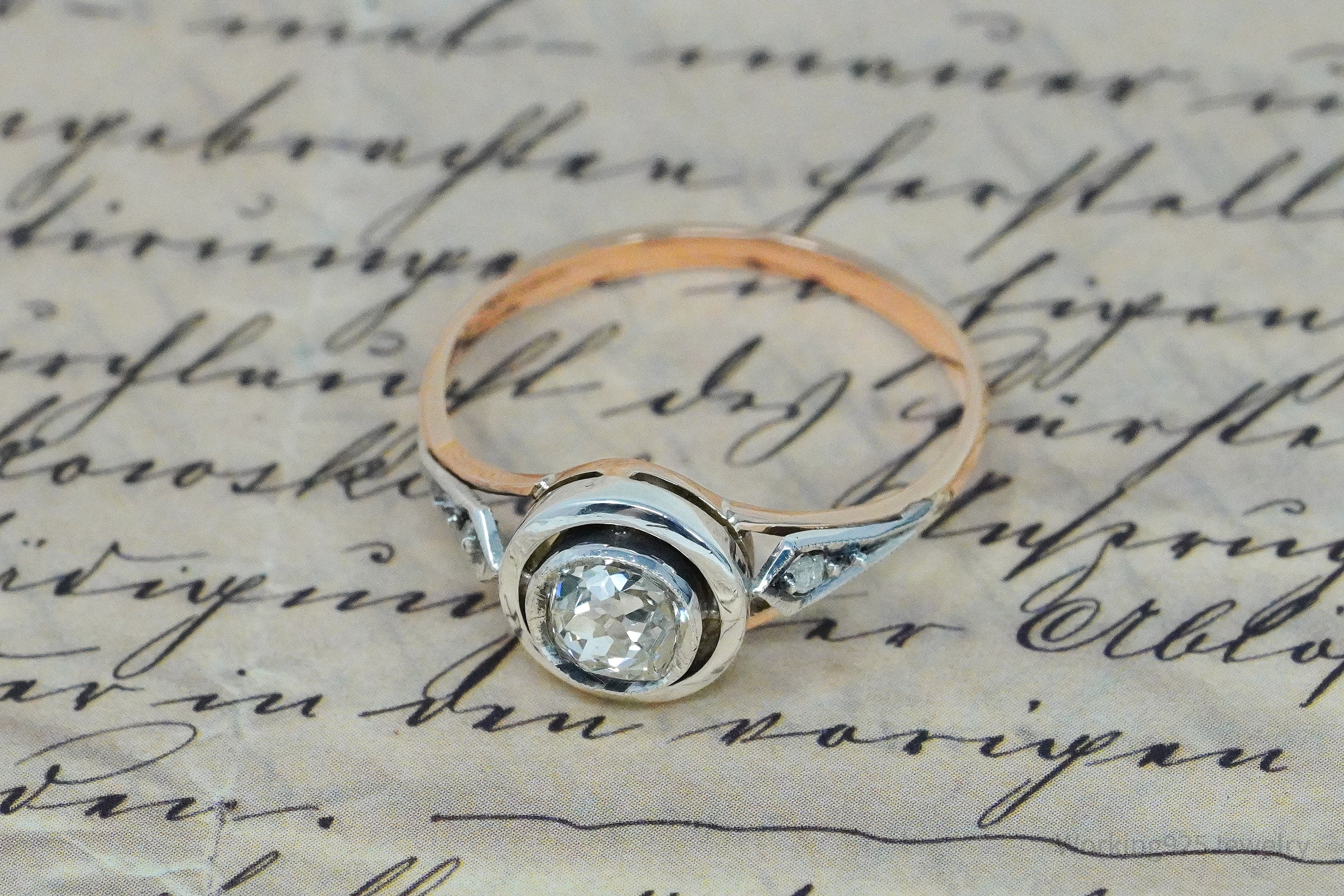 Antique 14K Rose Gold, Sterling Silver, & Diamond Ring - Size 9.25