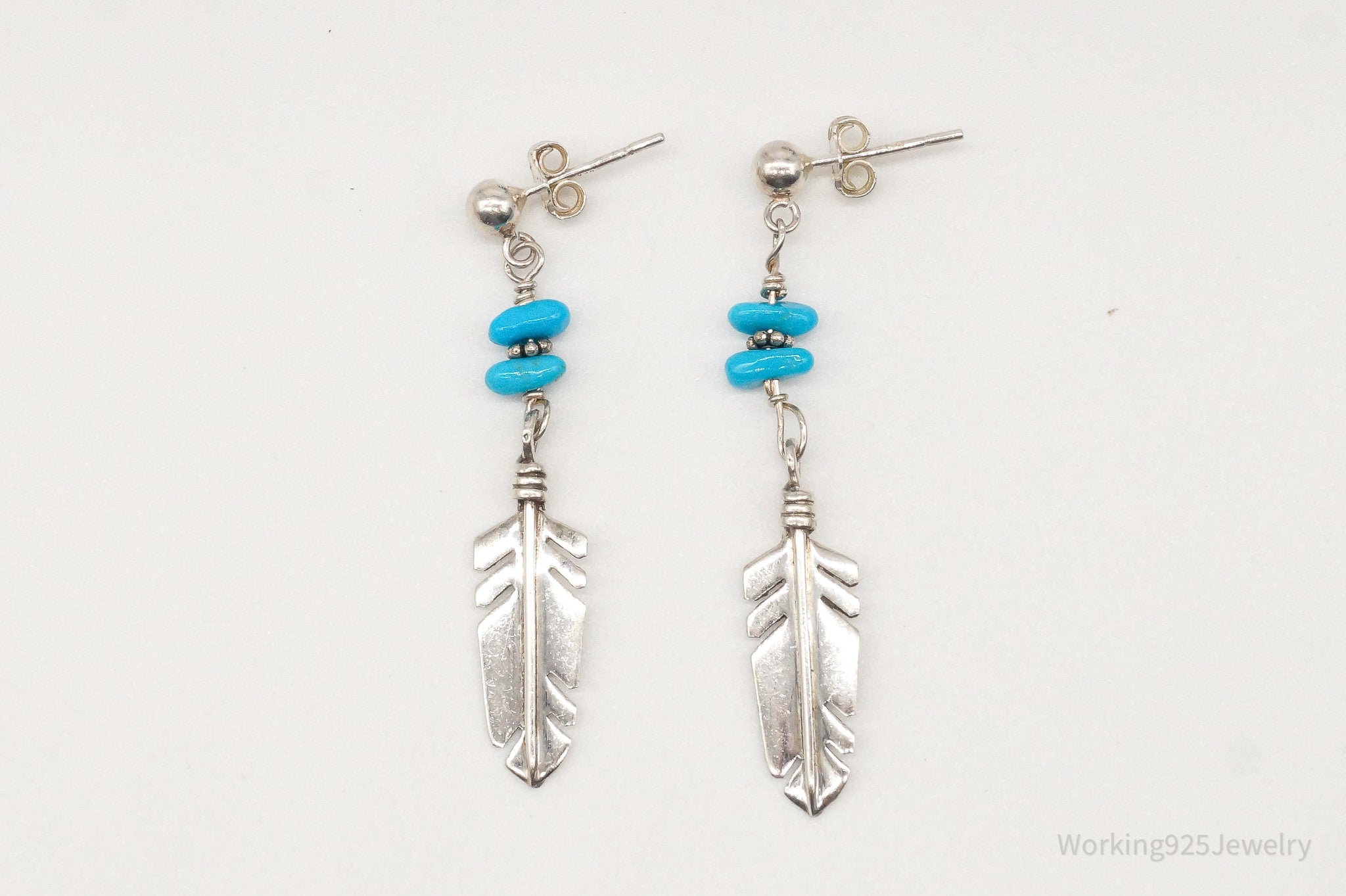 Vintage Native American Turquoise Feather Sterling Silver Earrings