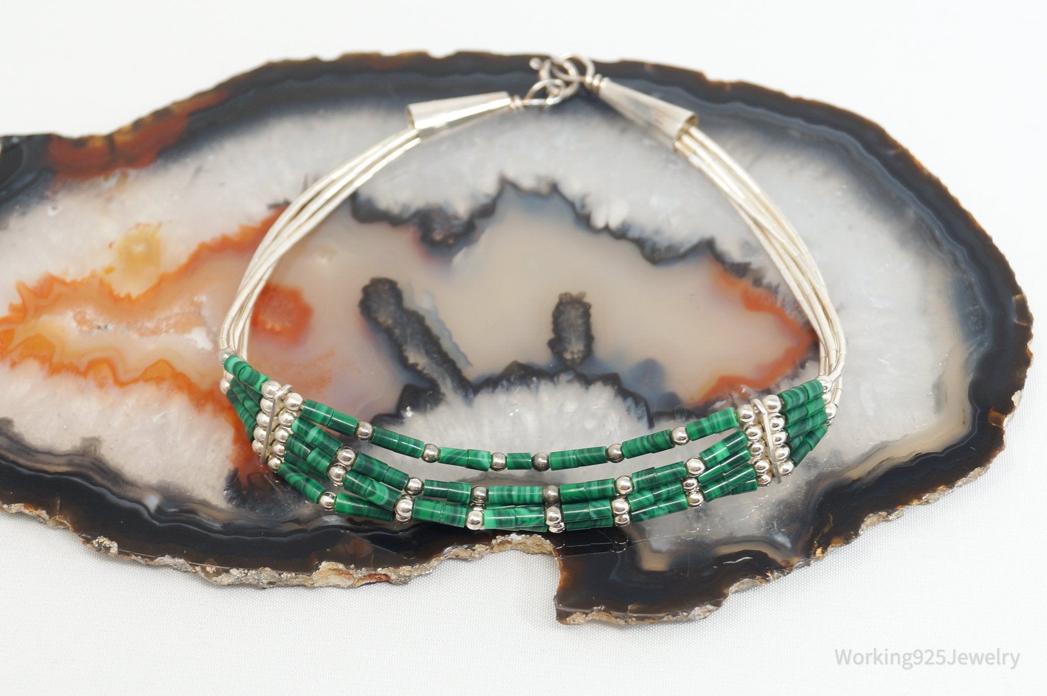 Vintage Native Handmade Green Malachite Woven Sterling Silver Bead Bracelet