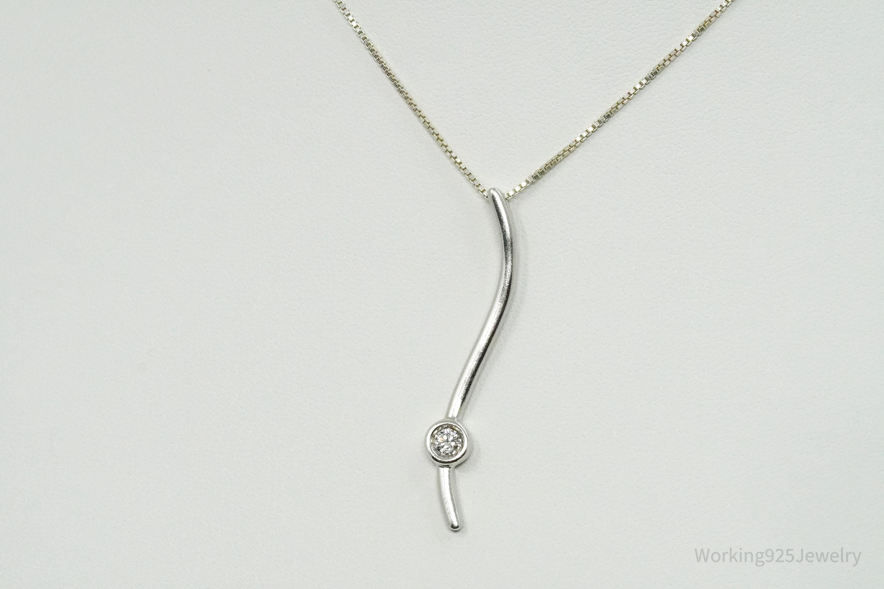 Solitaire Linear Ribbon Diamond Sterling Silver Necklace 16"