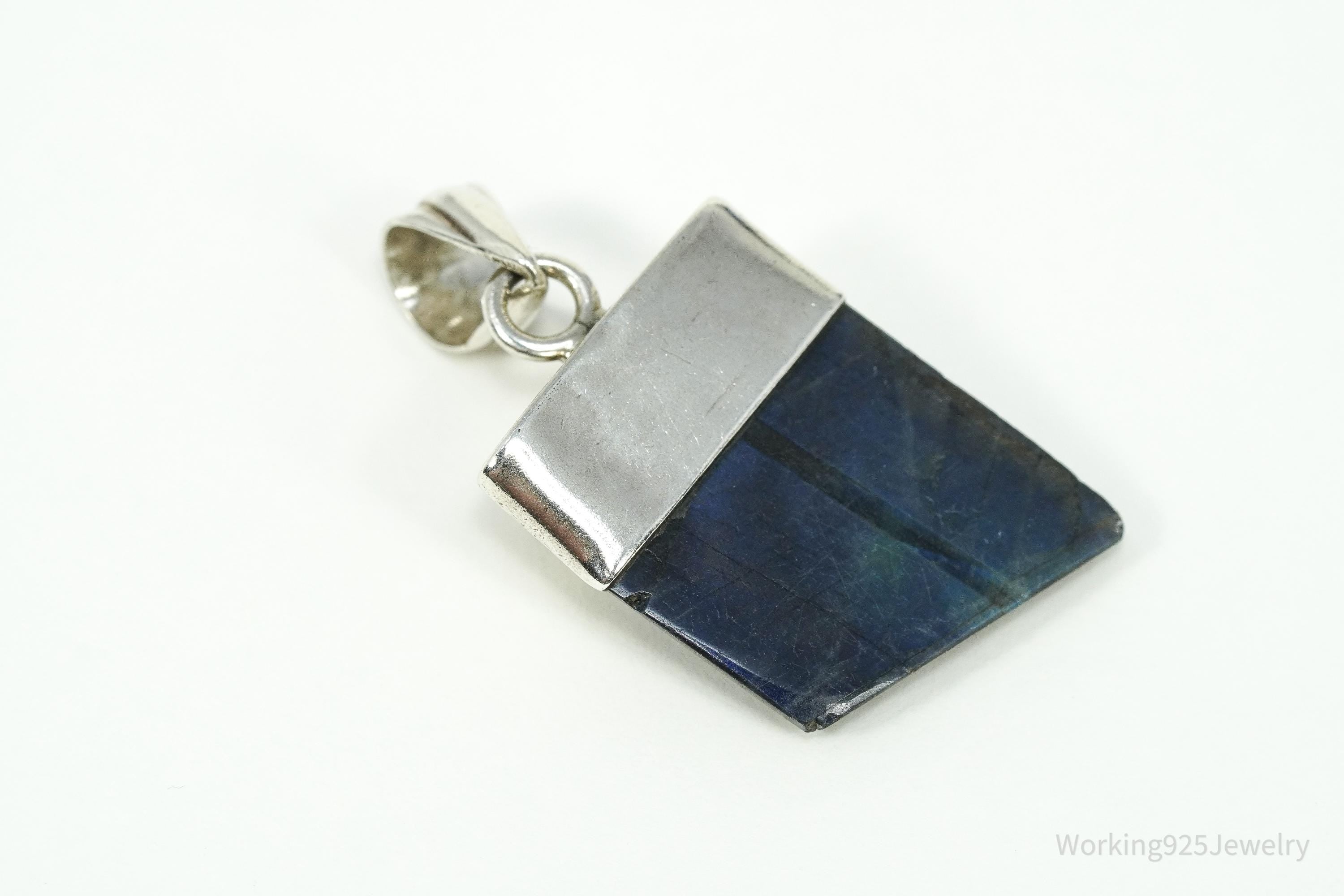 Vintage Labradorite & Garnet Sterling Silver Necklace Pendant 1 5/8"