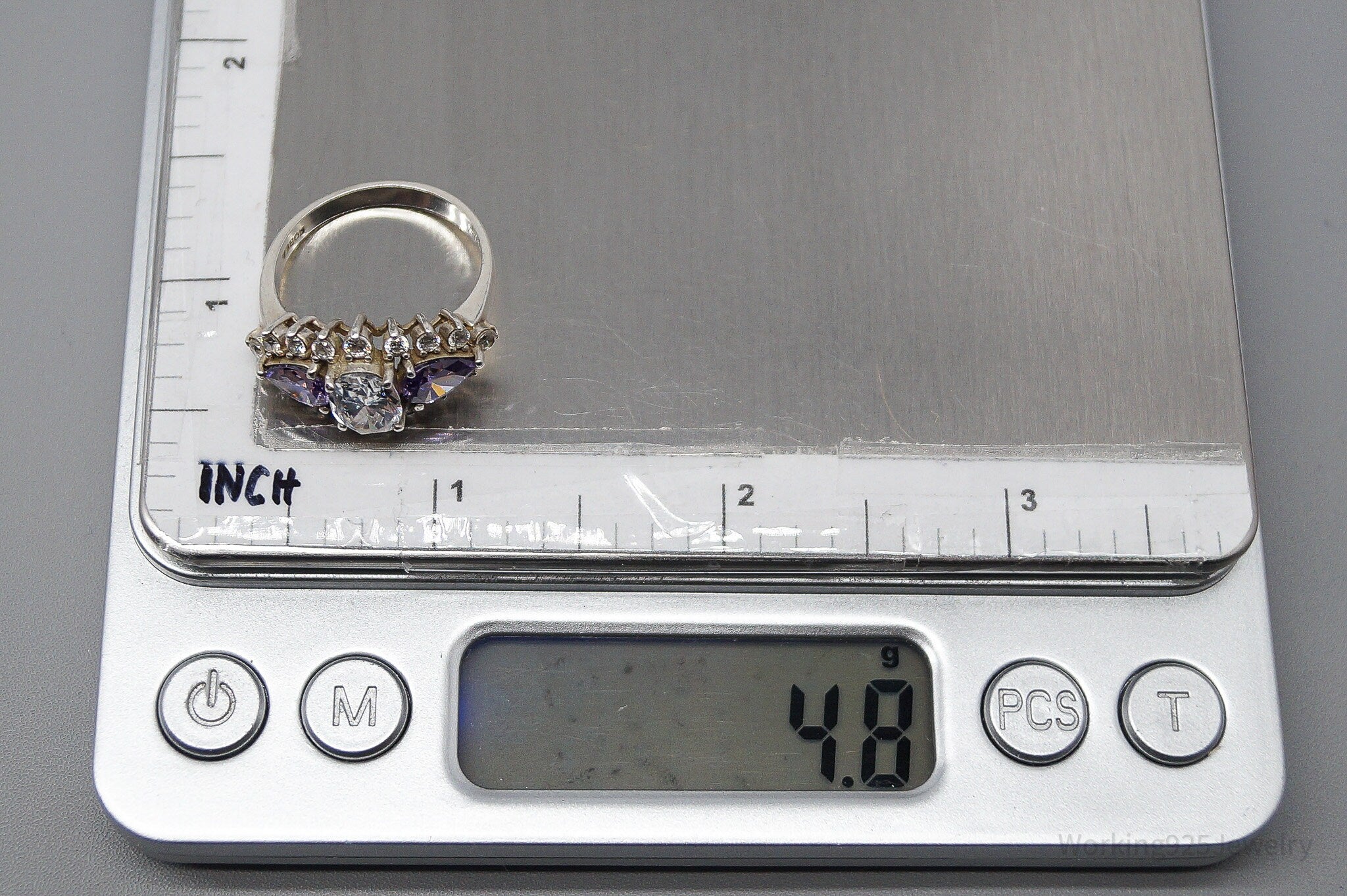 Vintage Purple & White Diamonique Cubic Zirconia Sterling Silver Ring - Size 8