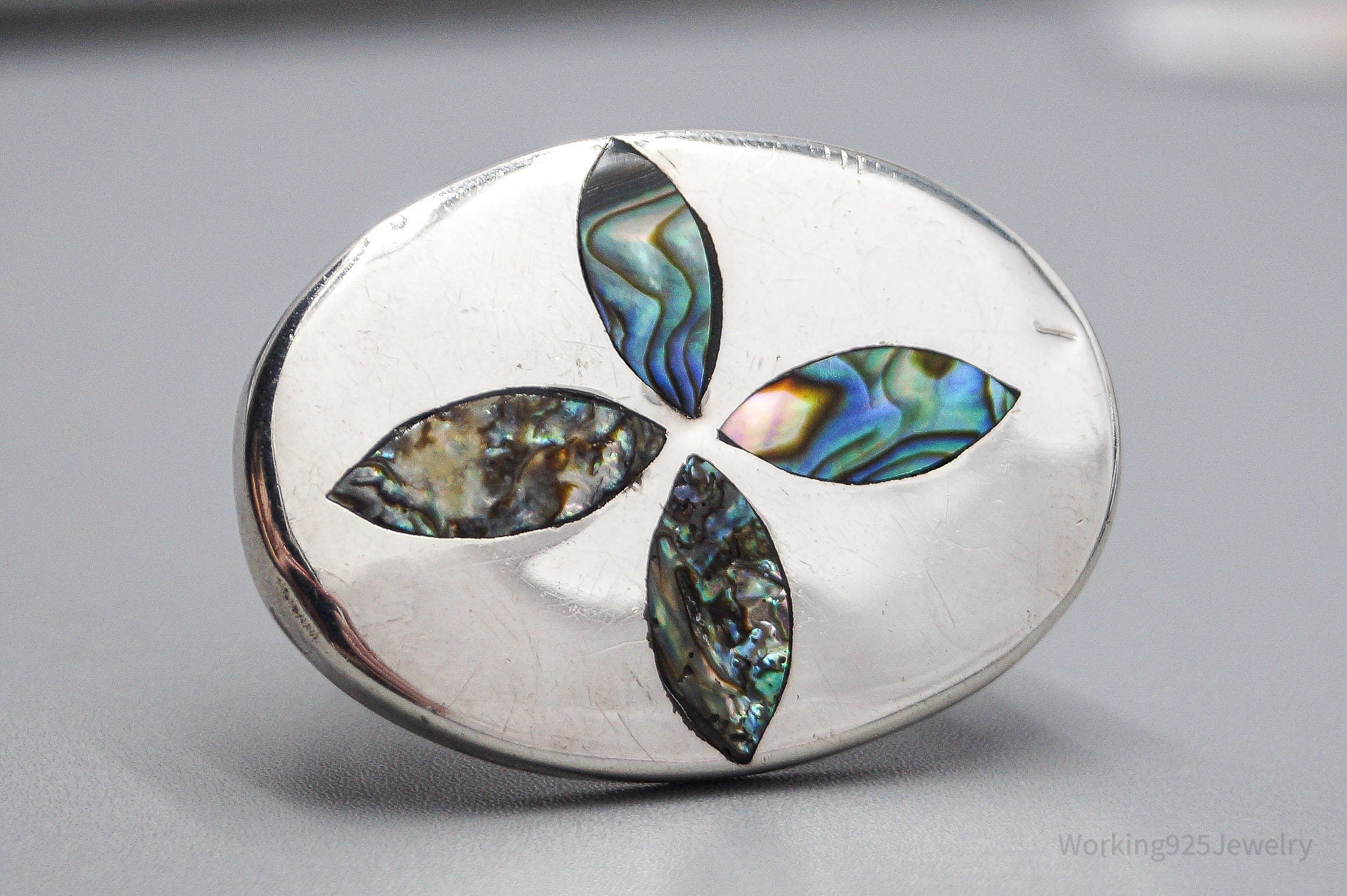Large Vintage Mexican Paua Abalone Shell Sterling Silver Brooch Pin Pendant