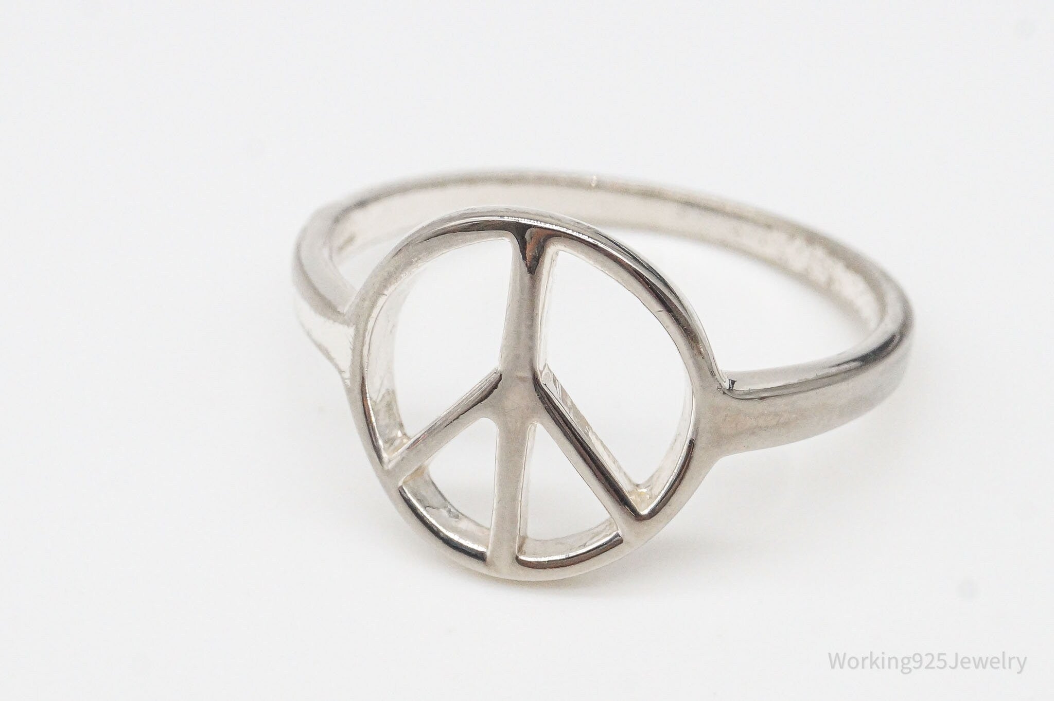 Vintage Peace Sign Sterling Silver Rhodium Plated Ring - Size 6.75