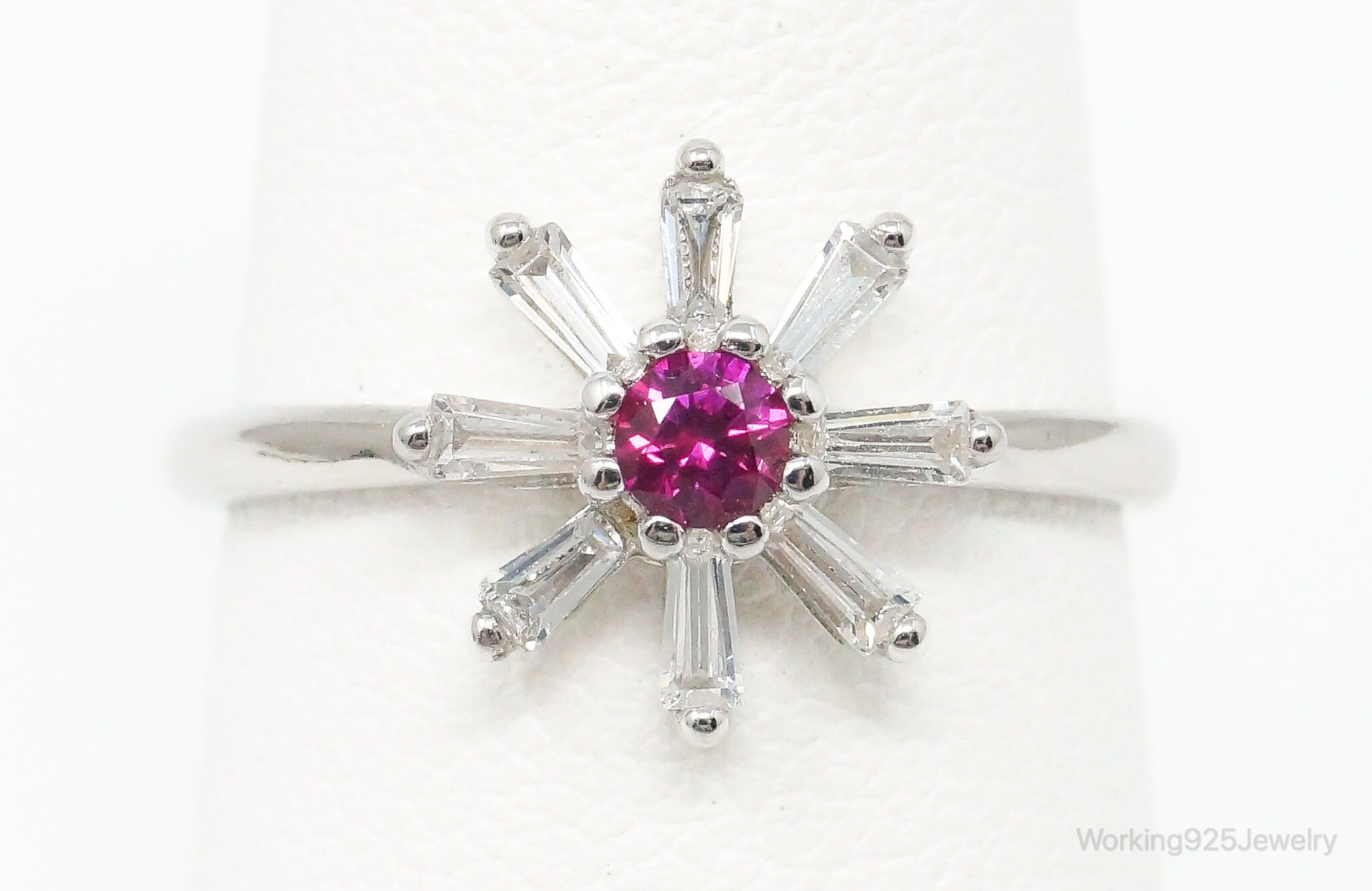 Vintage Pink Topaz & Cubic Zirconia Sterling Silver Flower Ring - Size 6 Adj.