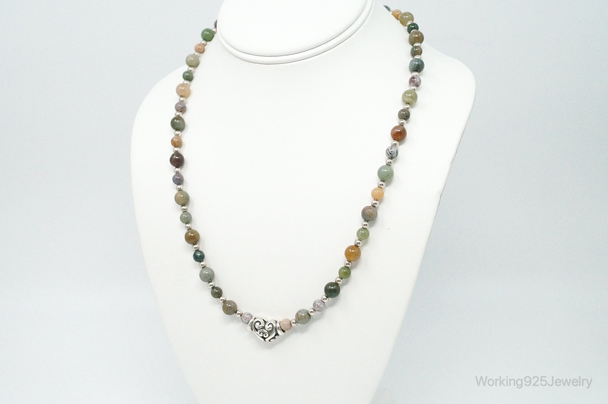 Vintage Multi Gem Agate Jasper Beads Sterling Silver Necklace