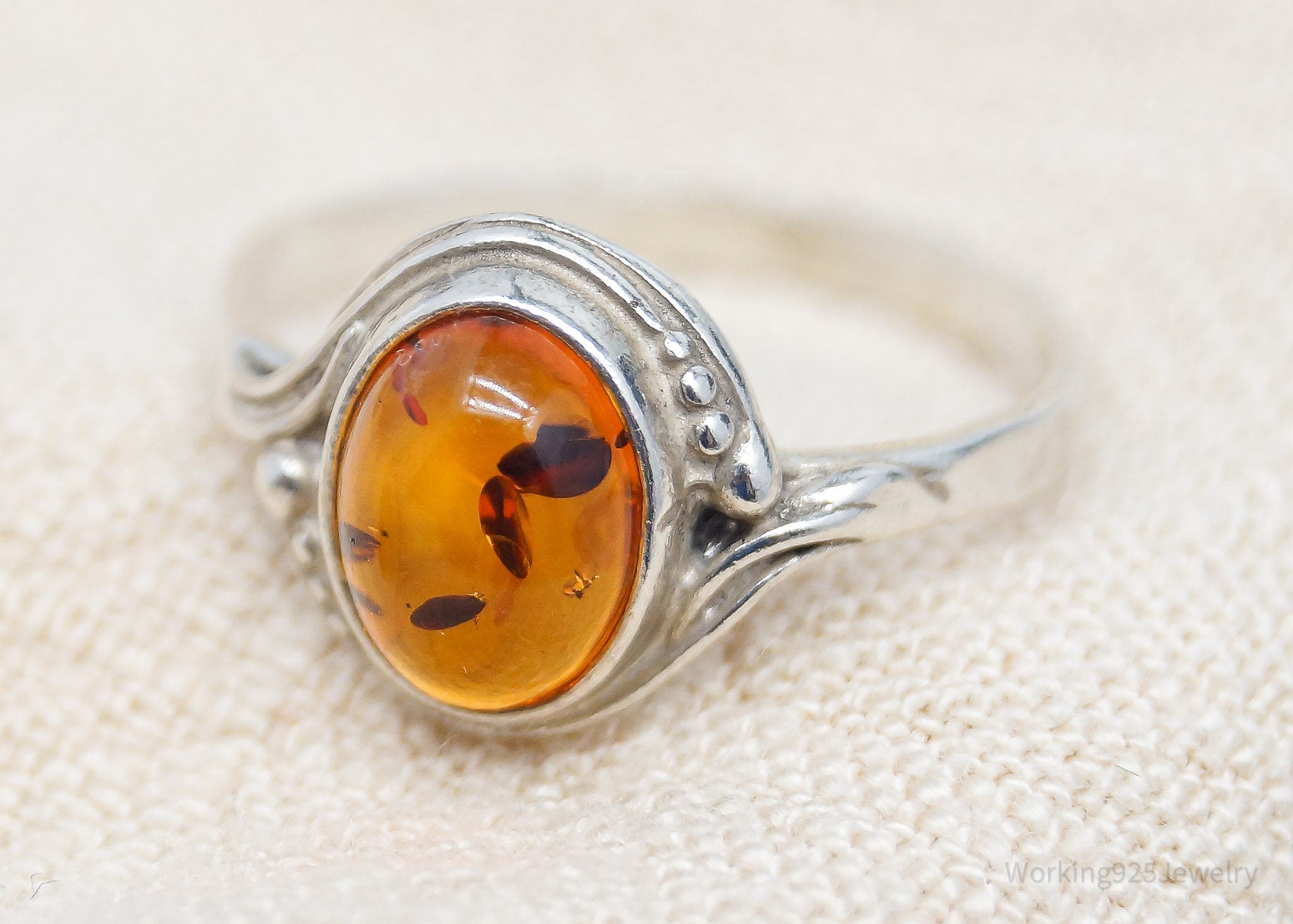 Vintage Amber Modernist Sterling Silver Ring - Size 4.75