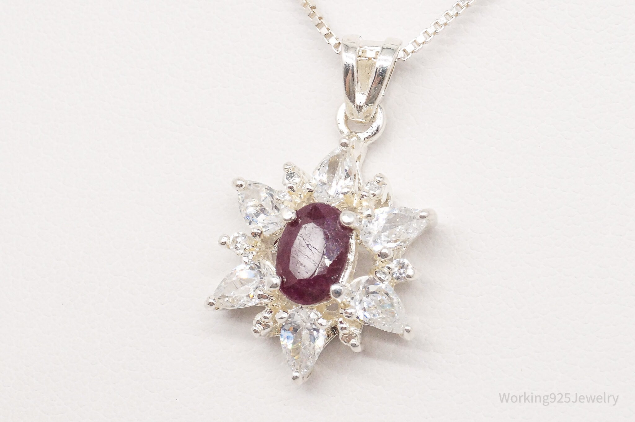 Vintage Raw Cut Ruby Cubic Zirconia Flower Sterling Silver Necklace 18"