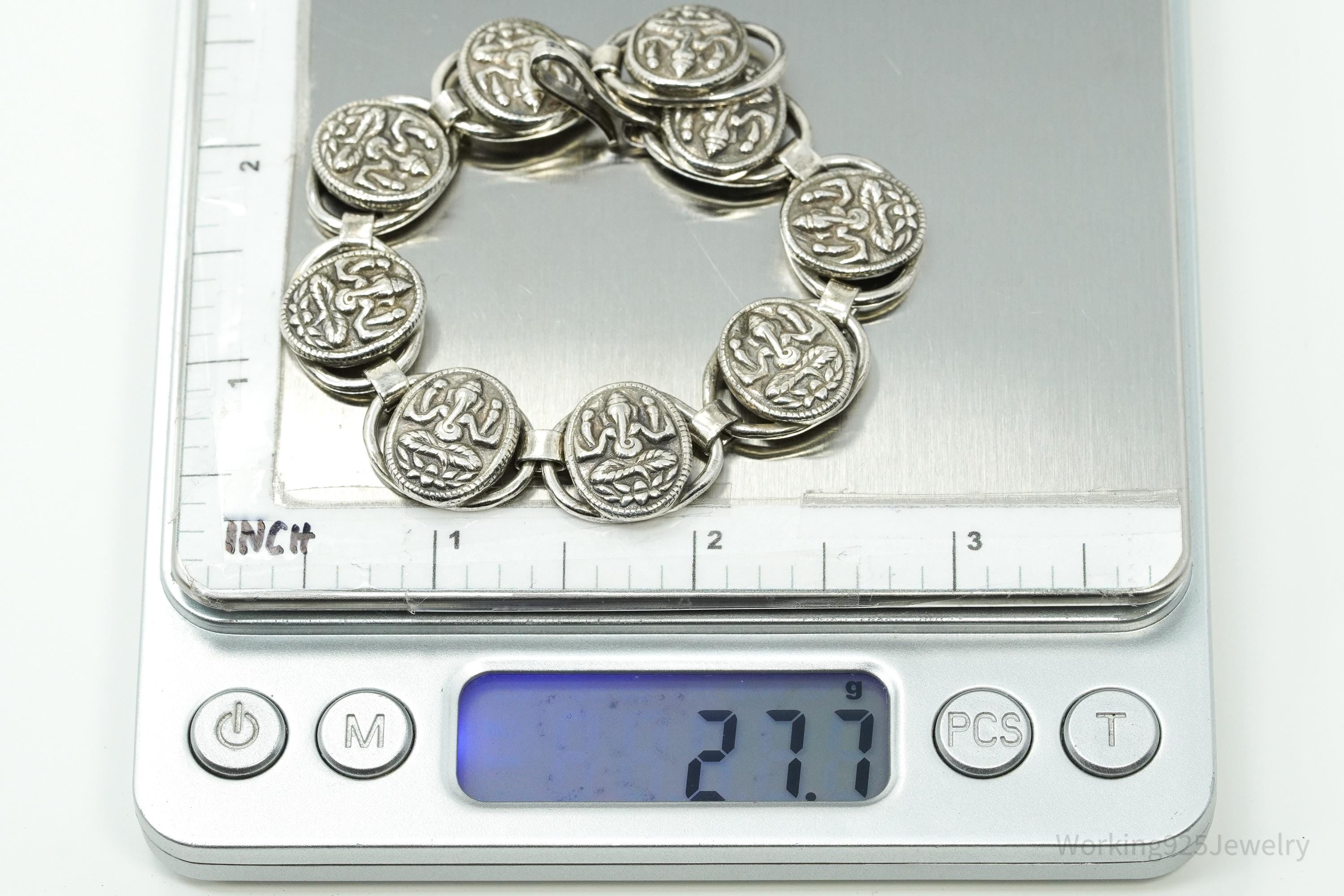 Vintage Ganesha Sterling Silver Bracelet 7.25"
