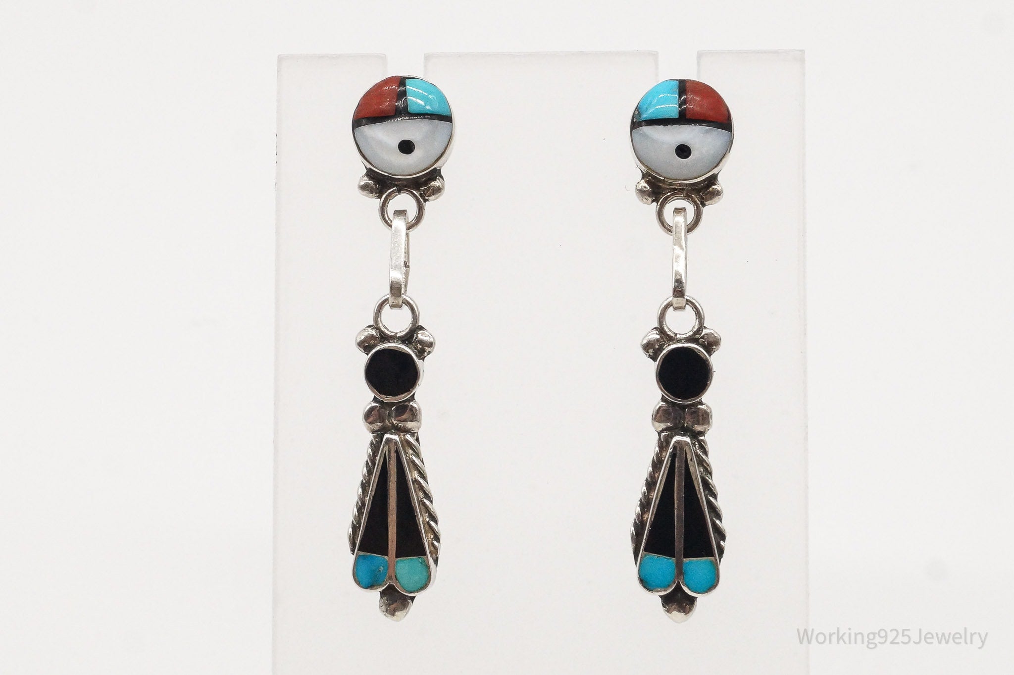 Vintage Native American Zuni Multi Gemstone Silver Earrings