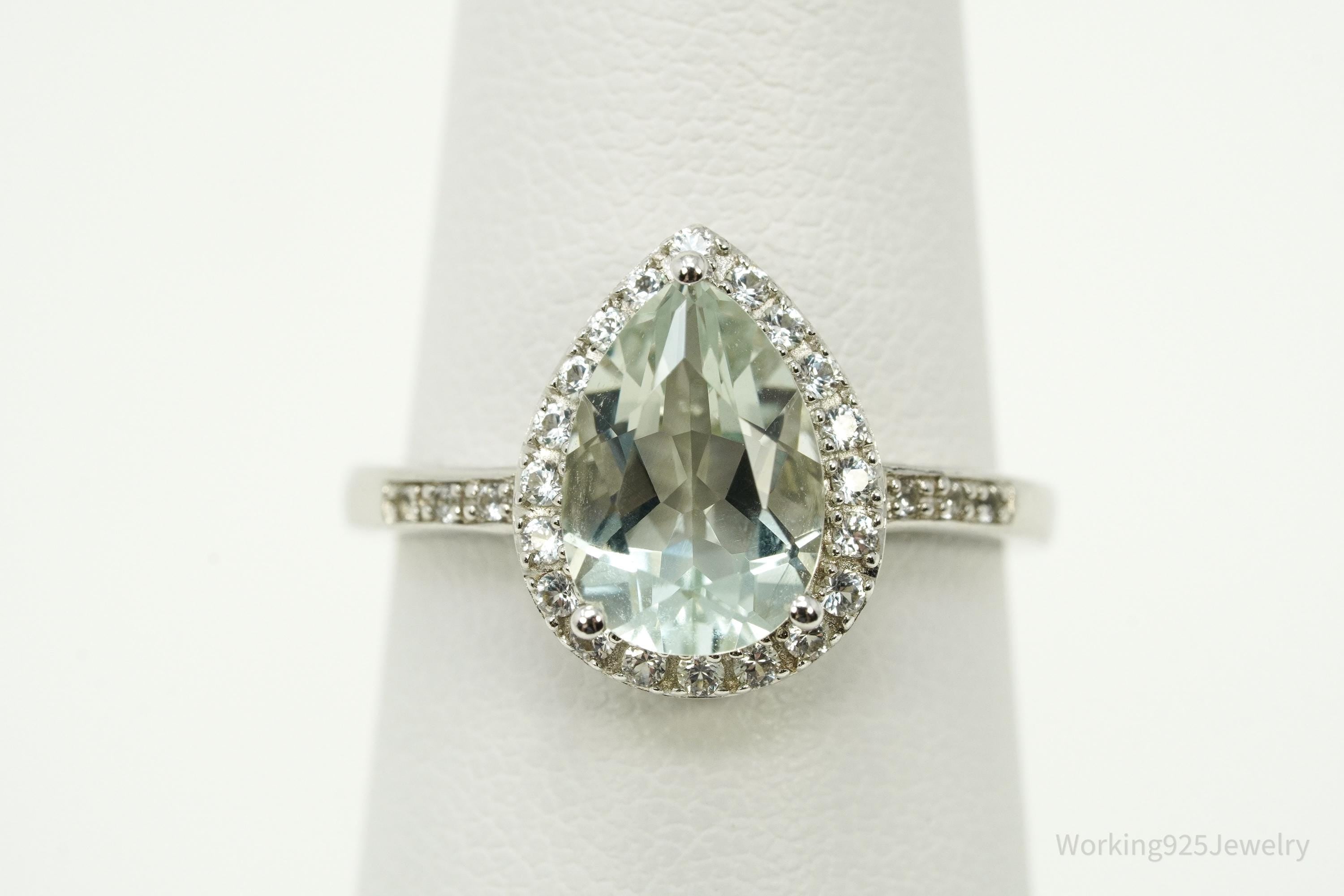 Vintage Green Prasiolite & White Topaz Sterling Silver Ring - Size 6