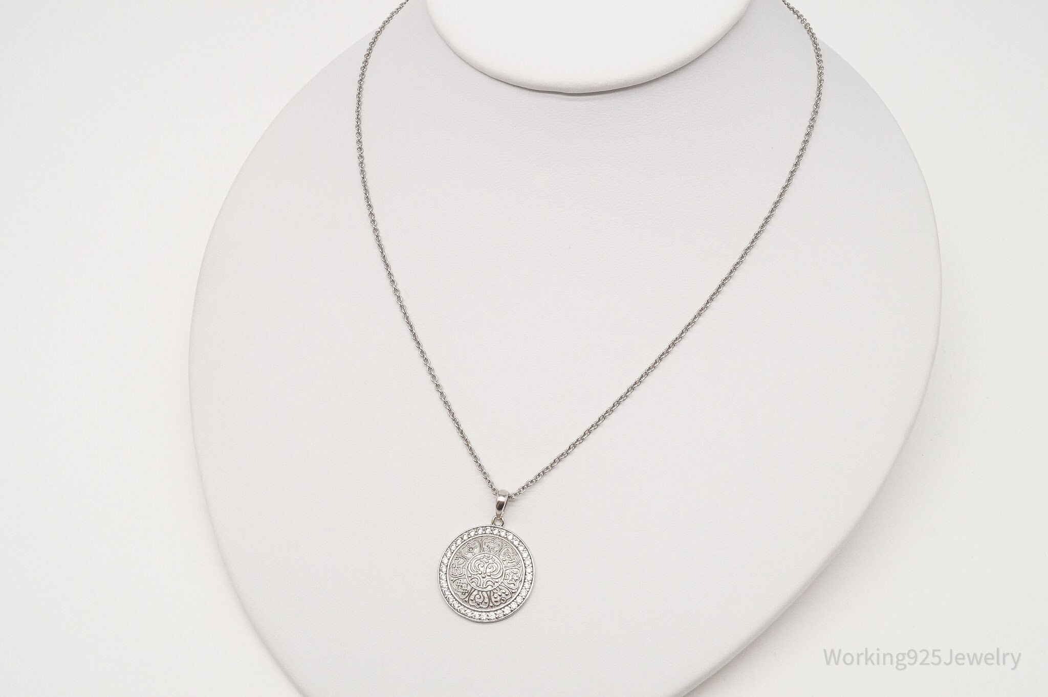 Vintage Ancient Tibet Coin Design CZ Sterling Silver Necklace 18"