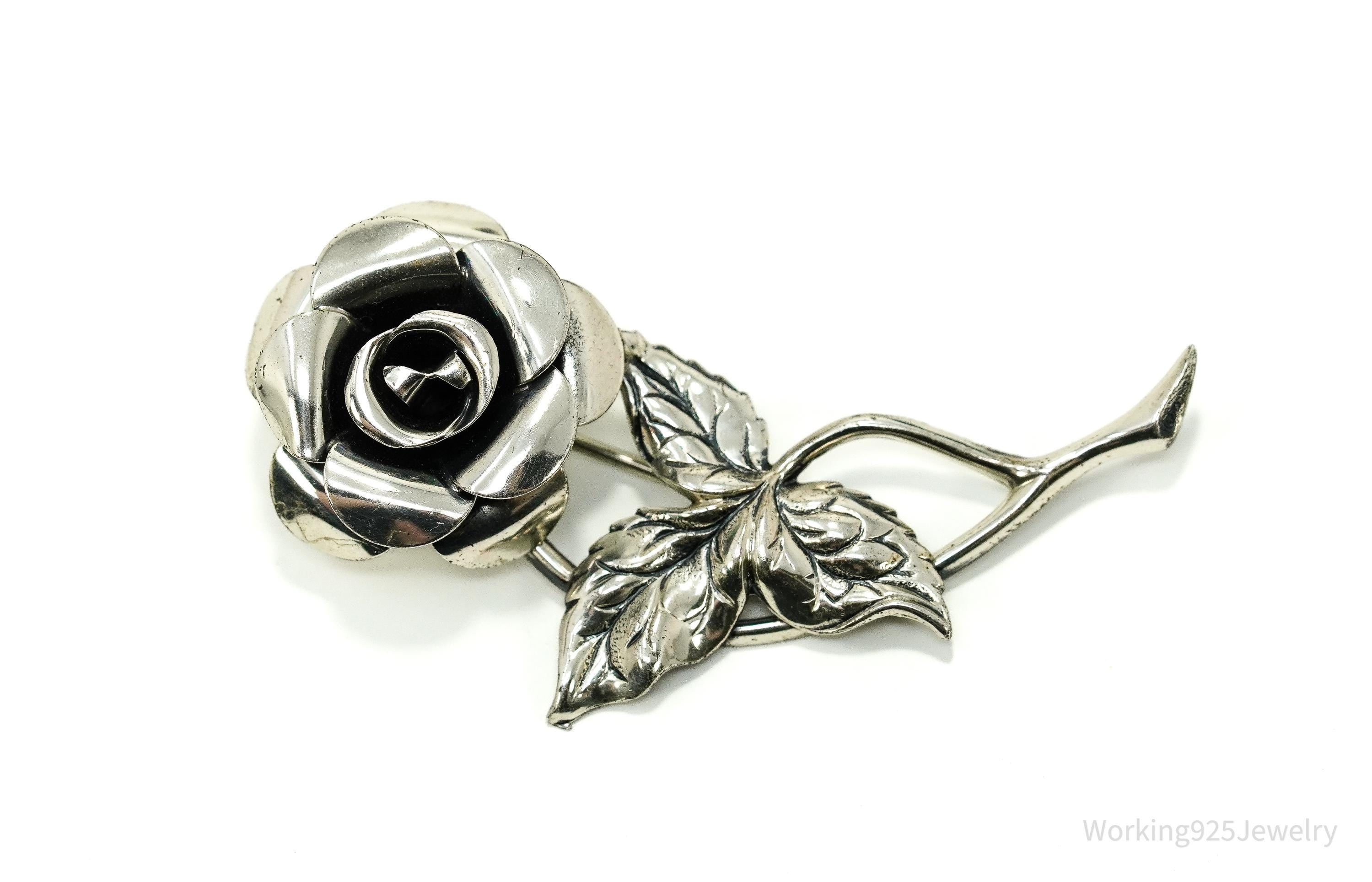 Vintage Designer Beau Sterling Silver Rose Brooch Pin