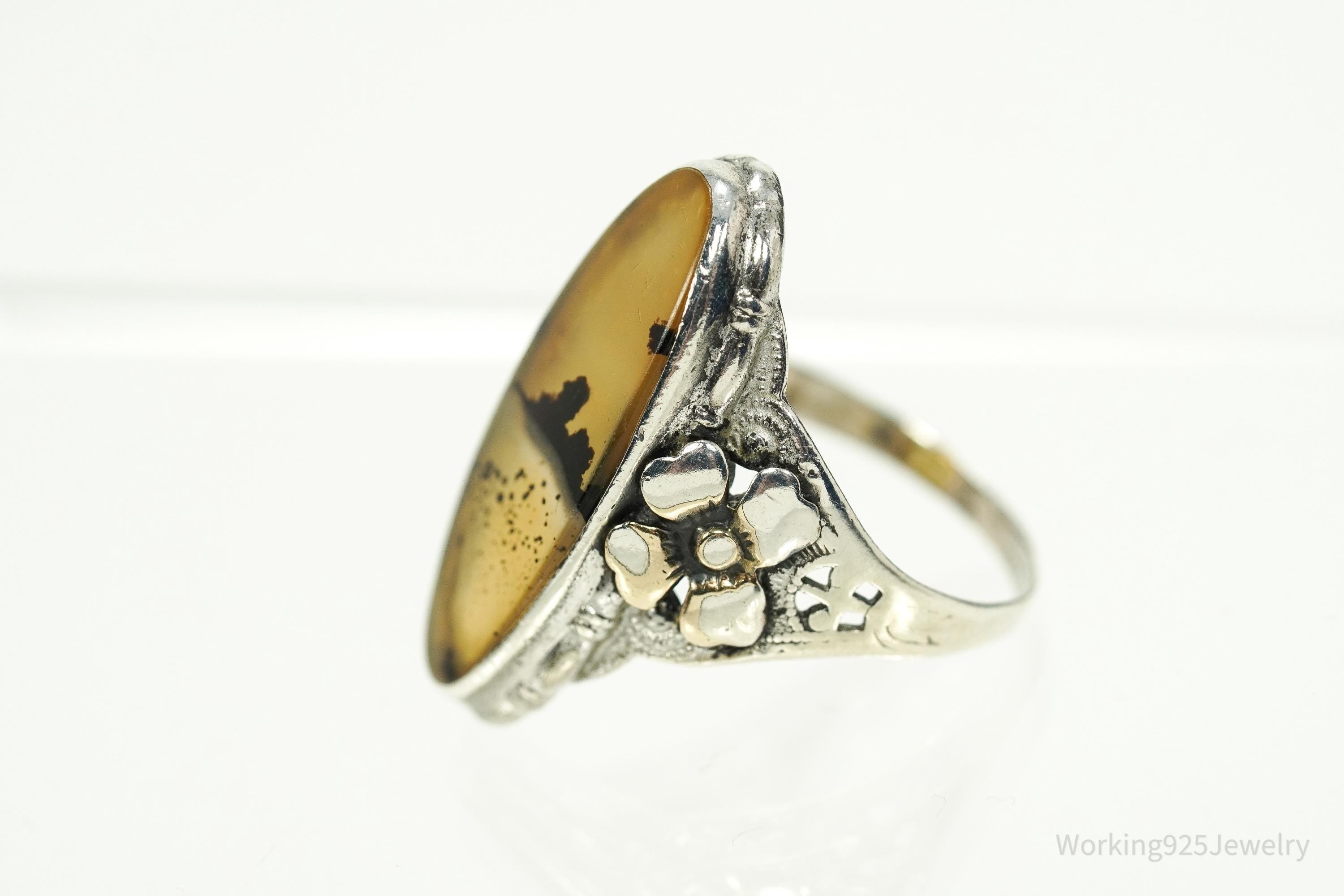 Antique Edwardian Ostby & Barton Agate Sterling Silver Ornate Ring Size 6.25