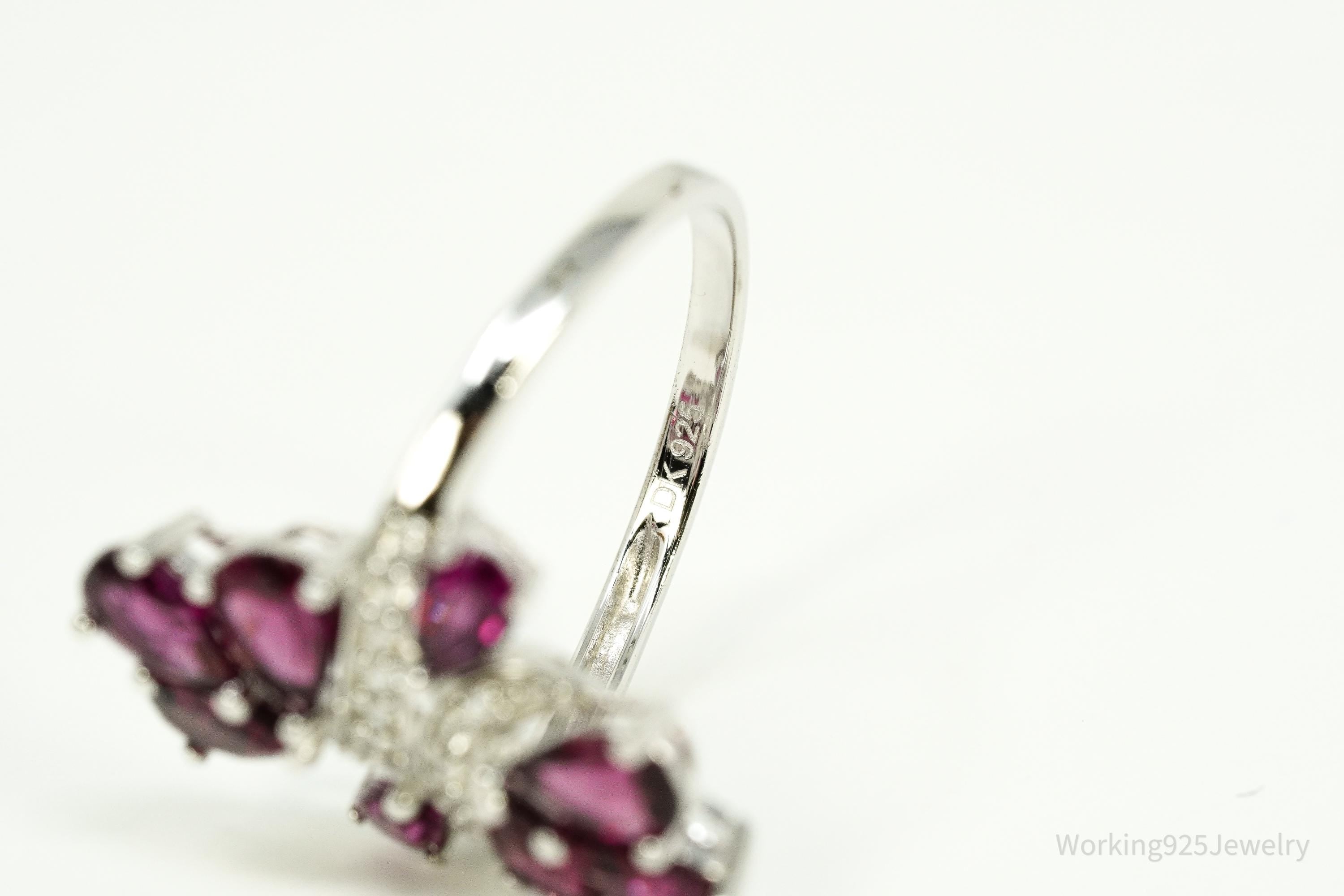 Rhodolite Garnet & White Zircon Sterling Silver Ring - Size 8.25