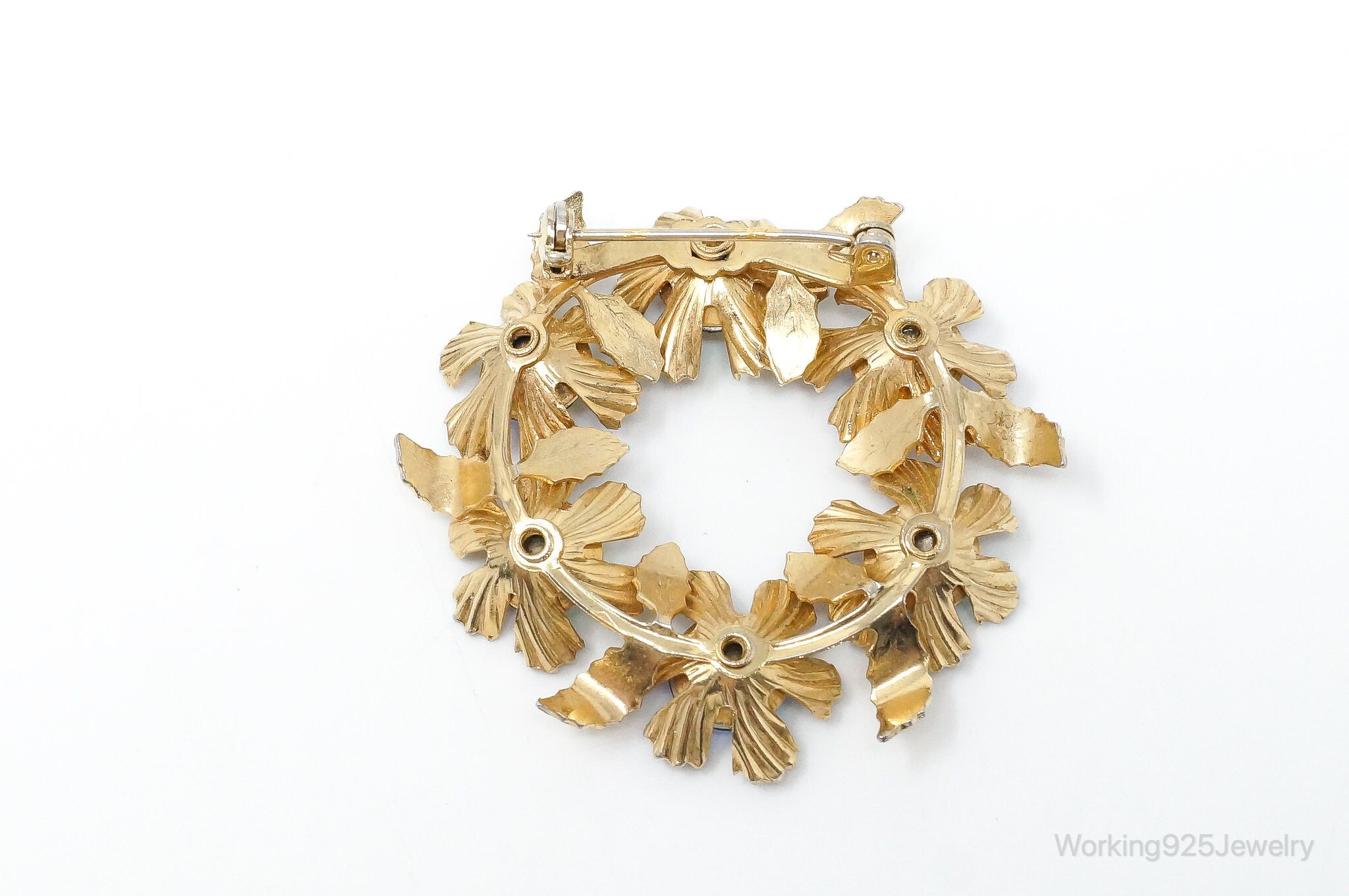 Vintage Rhinestone Gold Vermeil Sterling Silver Floral Wreath Brooch Pin