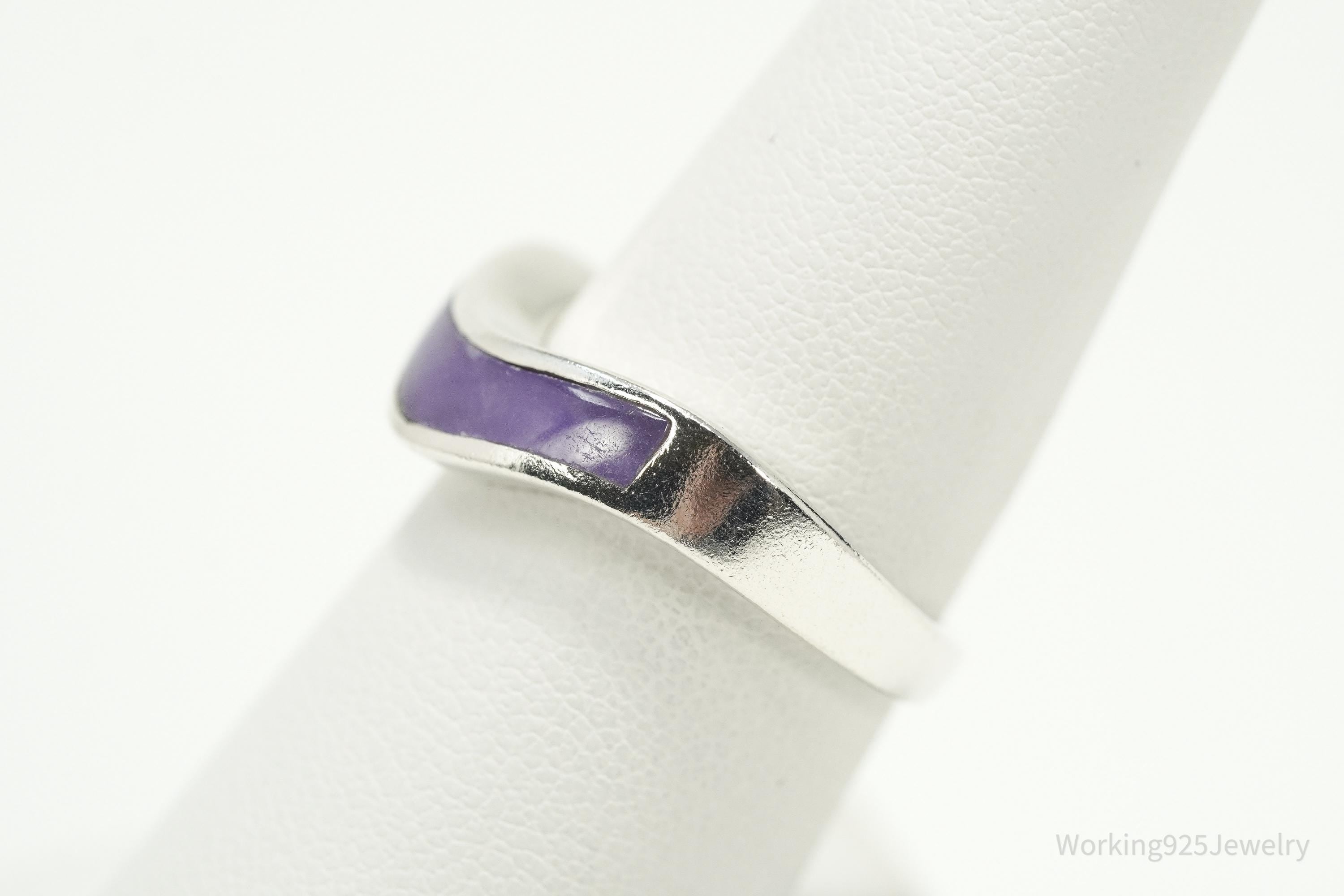 Vintage Purple Stone Inlay Sterling Silver Band Ring – Size 7