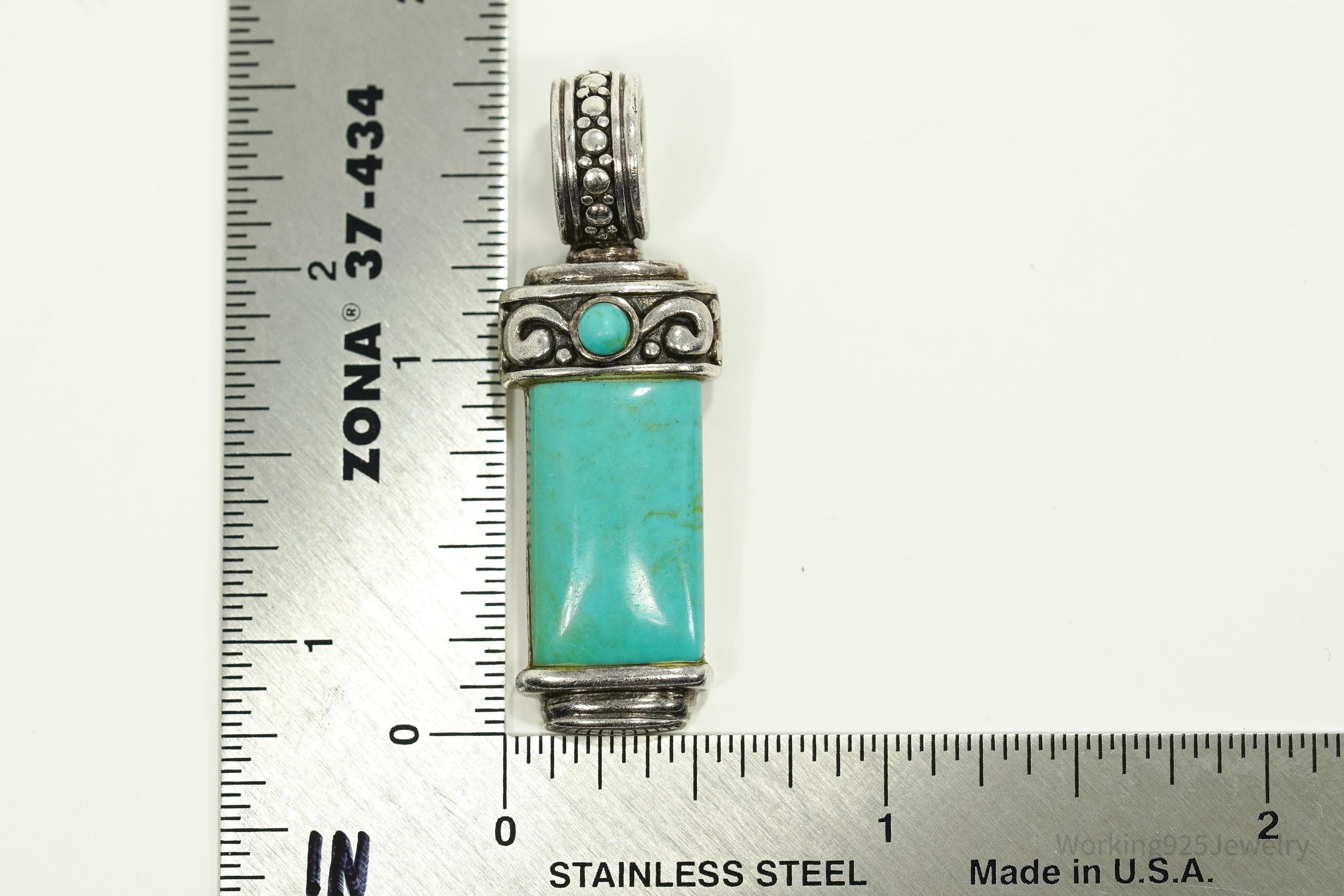 Vintage Turquoise Sterling Silver Necklace Pendant 1.75"