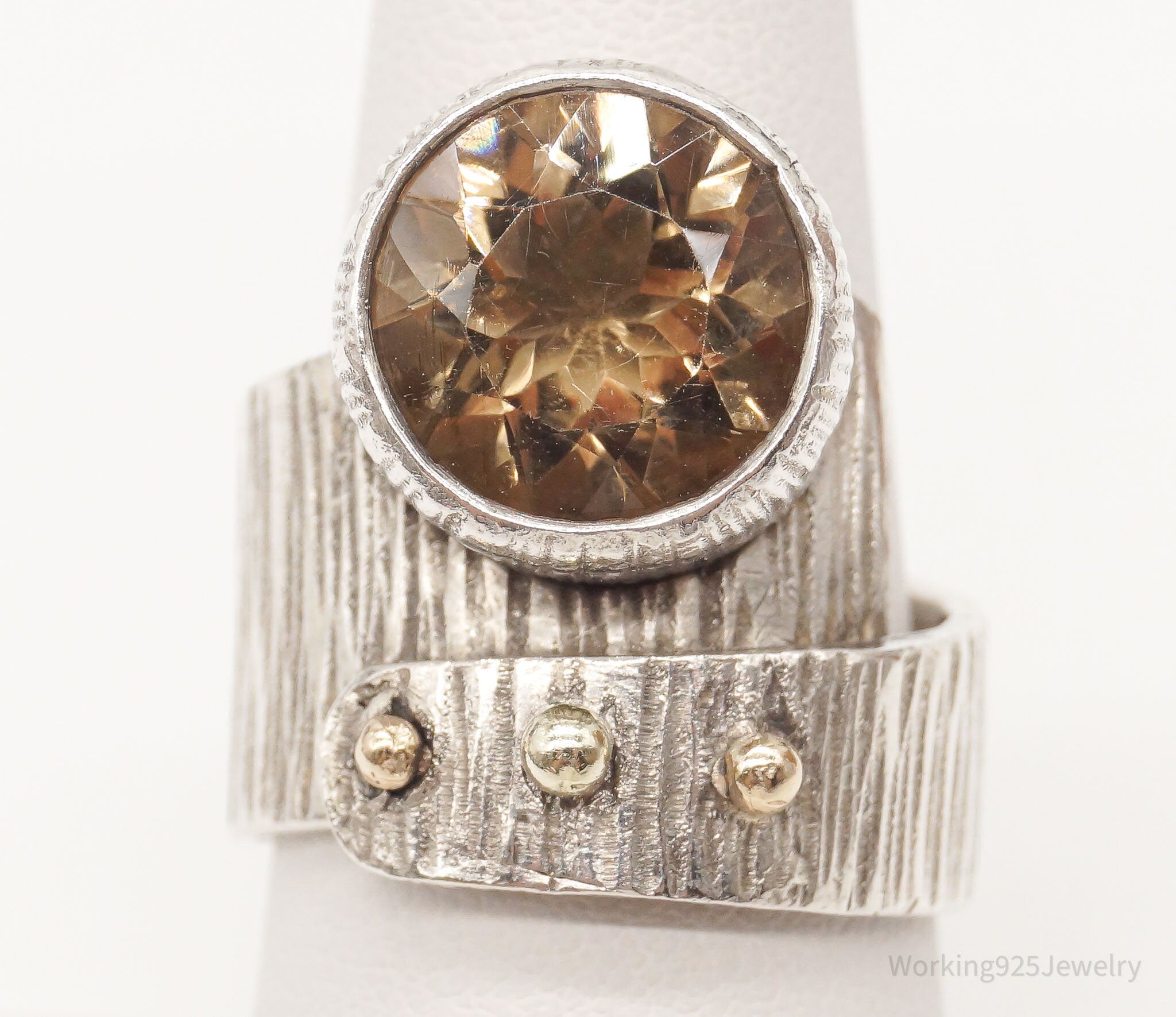 Vintage Large Smoky Topaz 14K Gold Sterling Silver Ring - Size 7.25 Adjustable