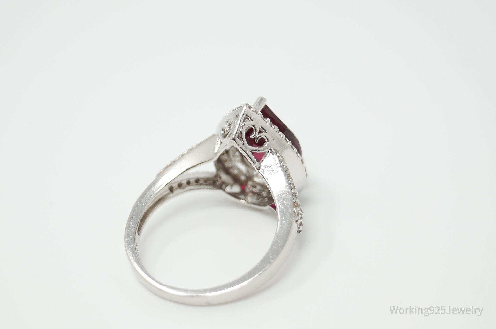 Vtg Designer DK Mid Century Style Lab Ruby CZ Ring Sterling Silver - Size 9