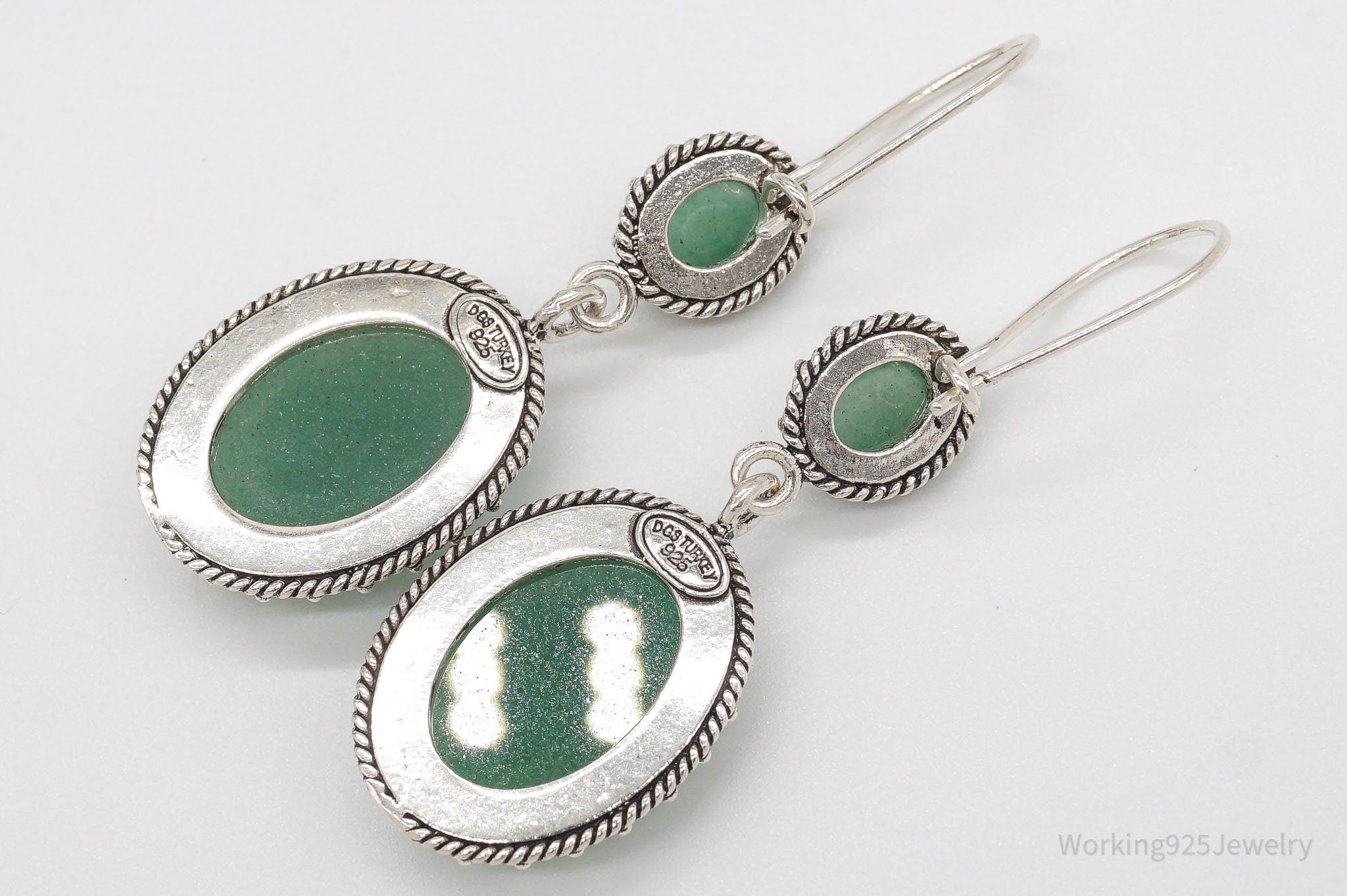 Vintage Turkey Designer DGS Green Aventurine Sterling Silver Earrings