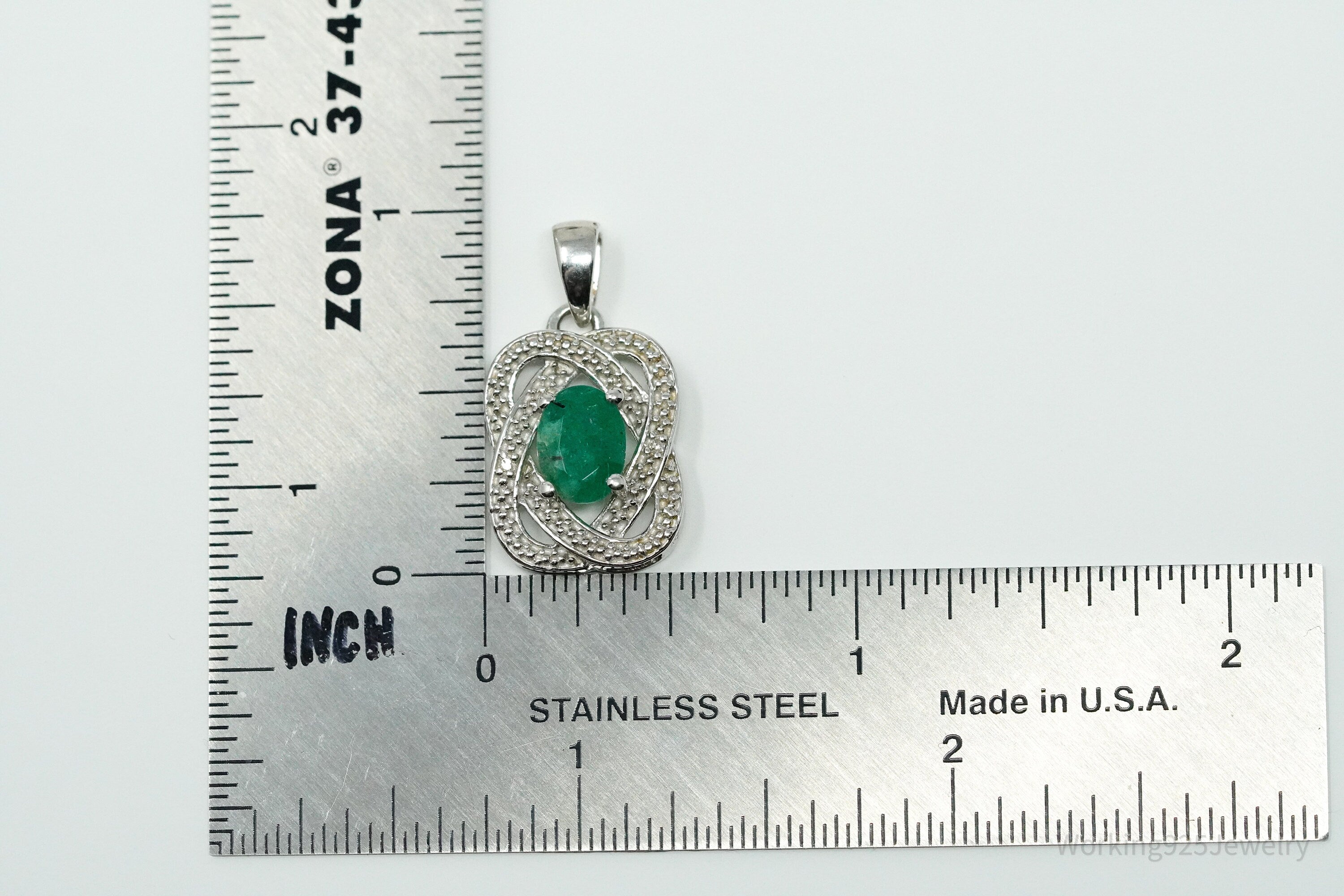 TGGC Emerald & Two Diamond Sterling Silver Necklace Pendant