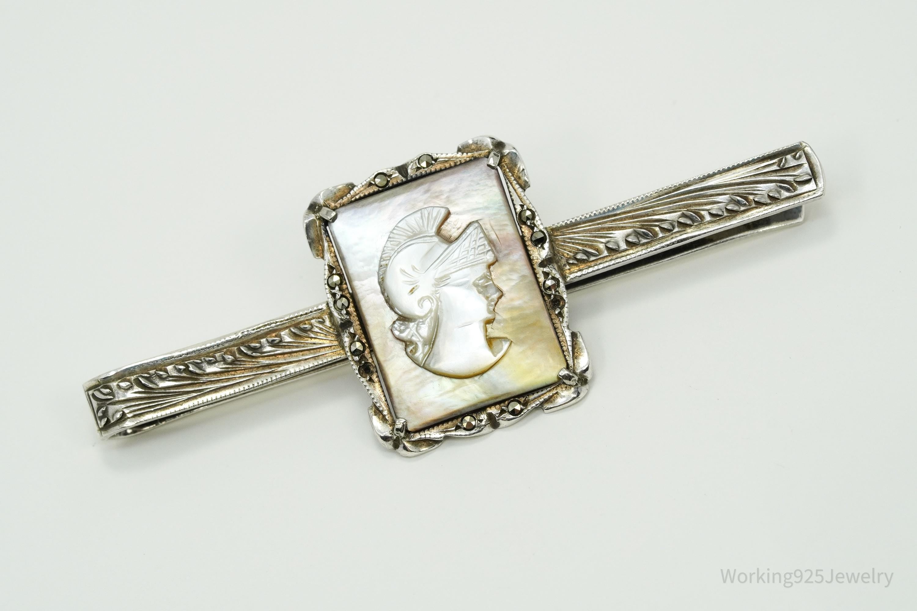 Antique Victorian 800 Silver Mother of Pearl Cameo And Marcasite Warrior Tie Clip