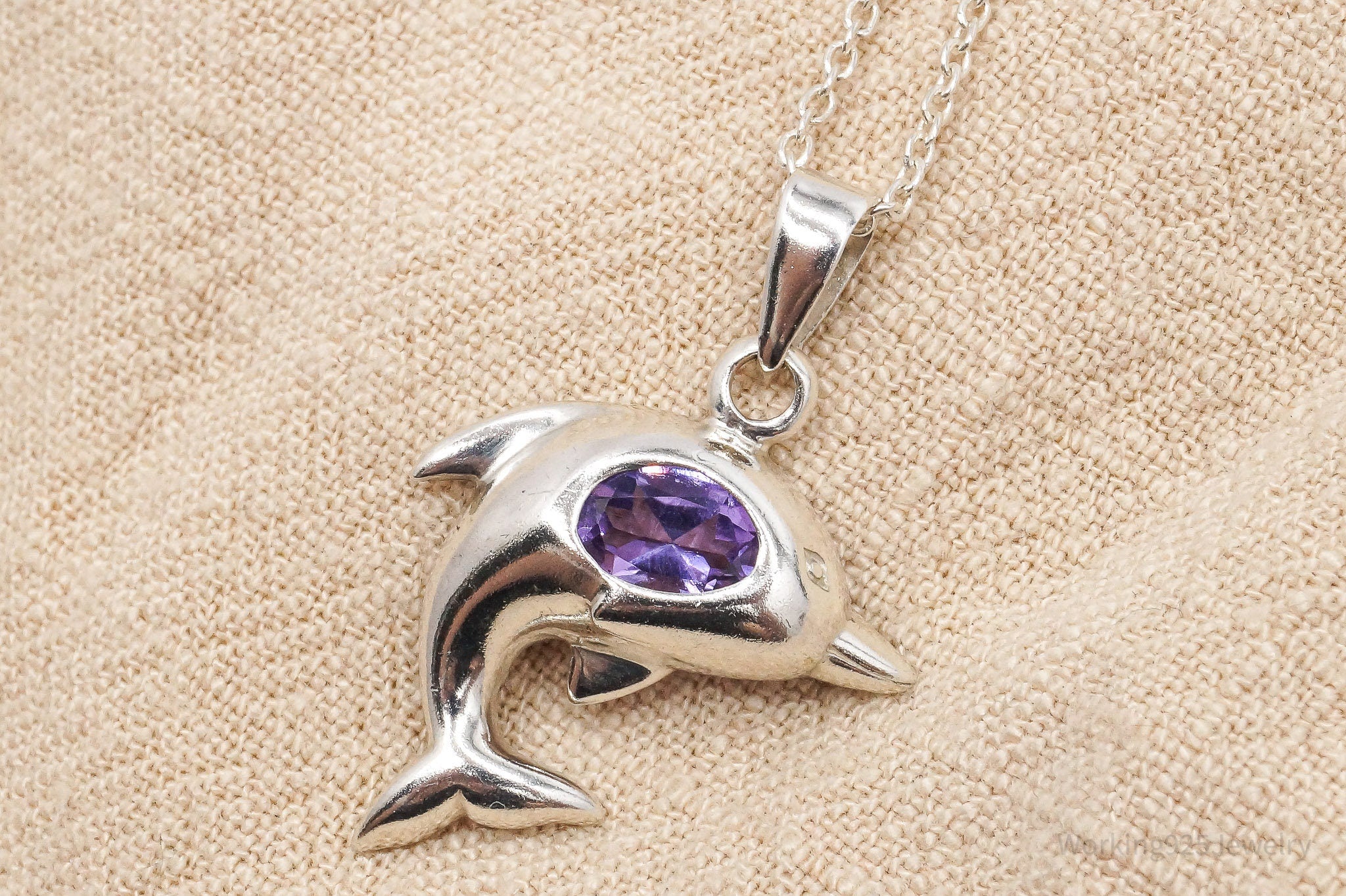 Vintage Amethyst Dolphin Sterling Silver Necklace 18"