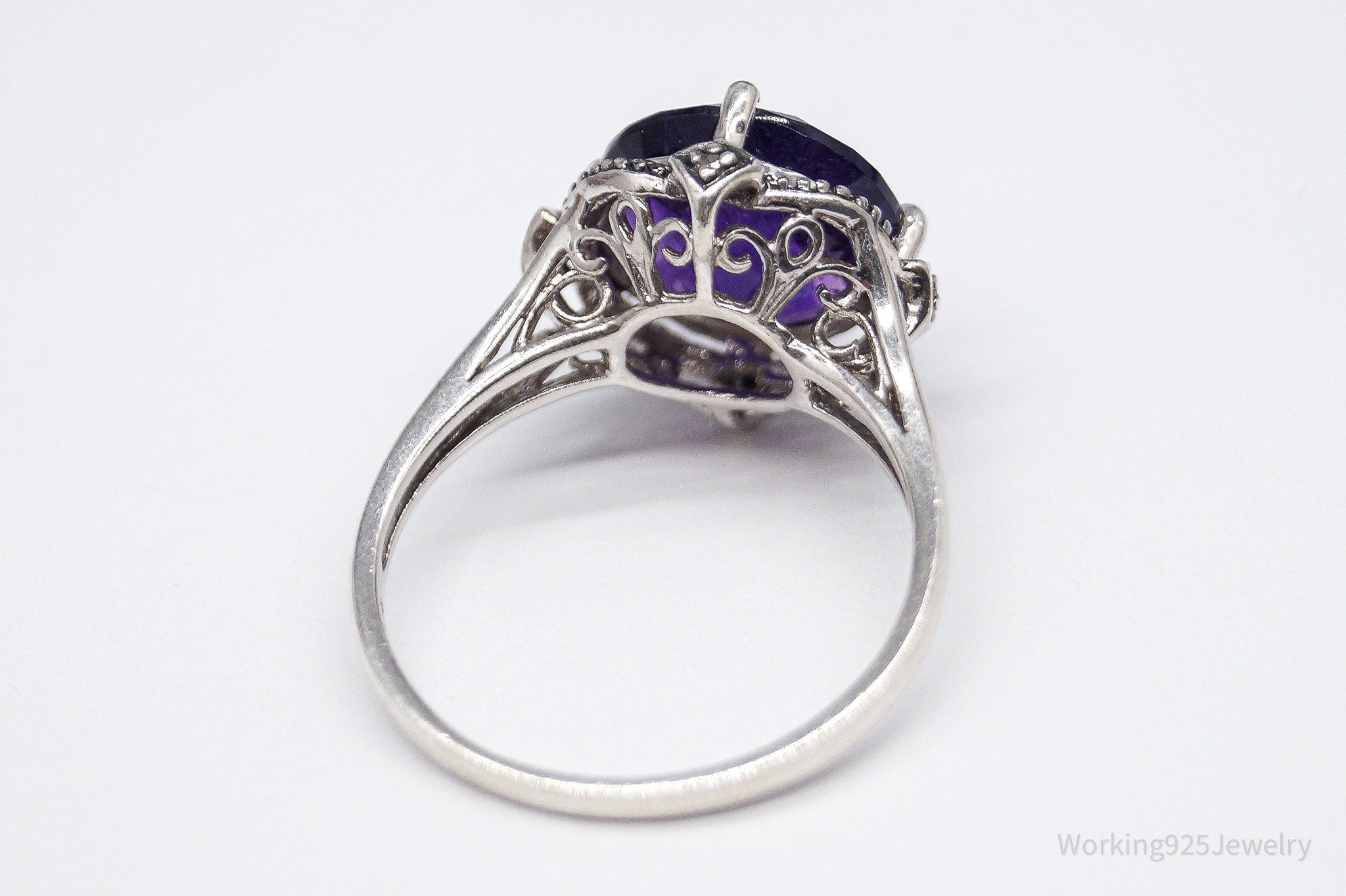 Vintage Amethyst & Diamond Sterling Silver Ring - Size 10