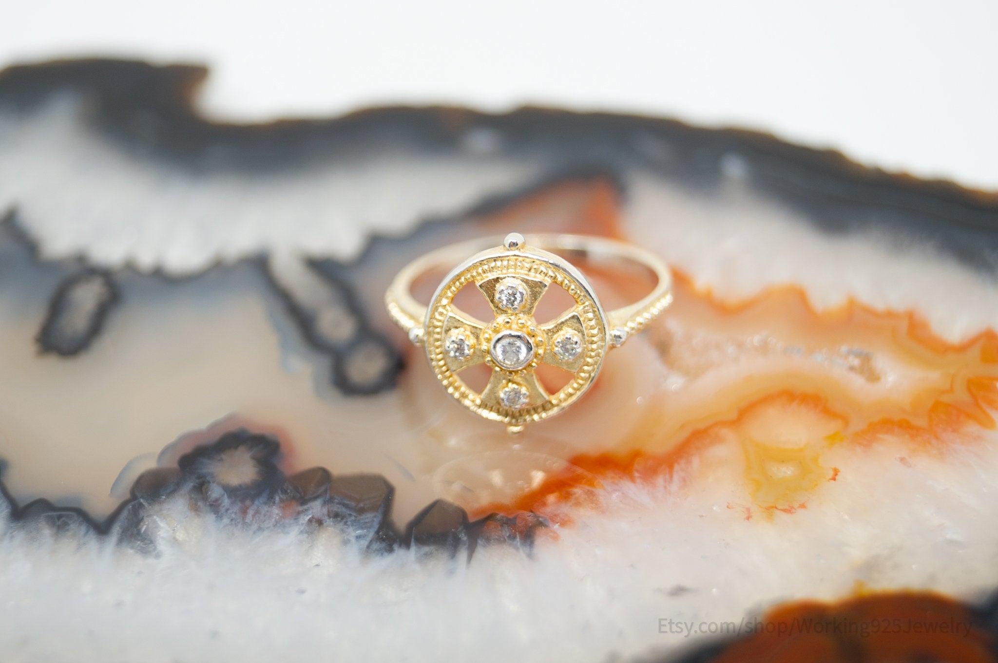 Vintage Deco Gold Vermeil Cubic Zirconia Sterling Silver Ring - Size 6