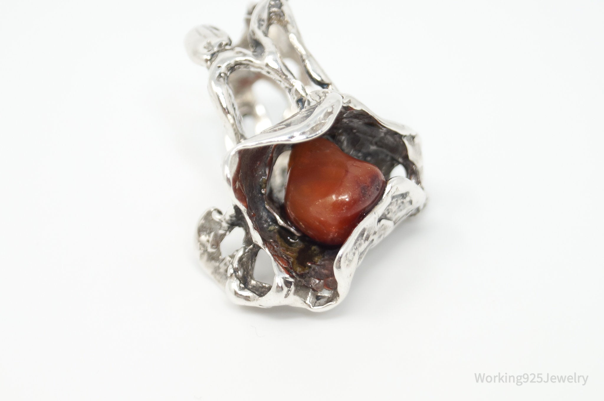 Vintage Red Agate Brutalist Sterling Silver Ring - Sz 7