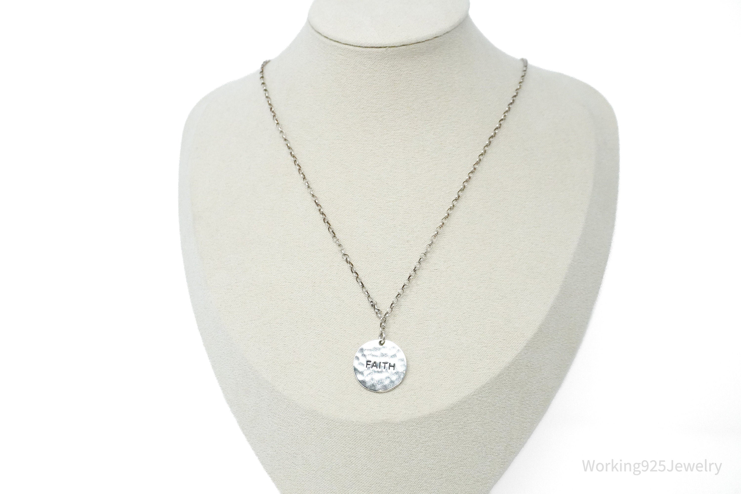 Vintage FAITH Sterling Silver Hammered Style Pendant Necklace 17"
