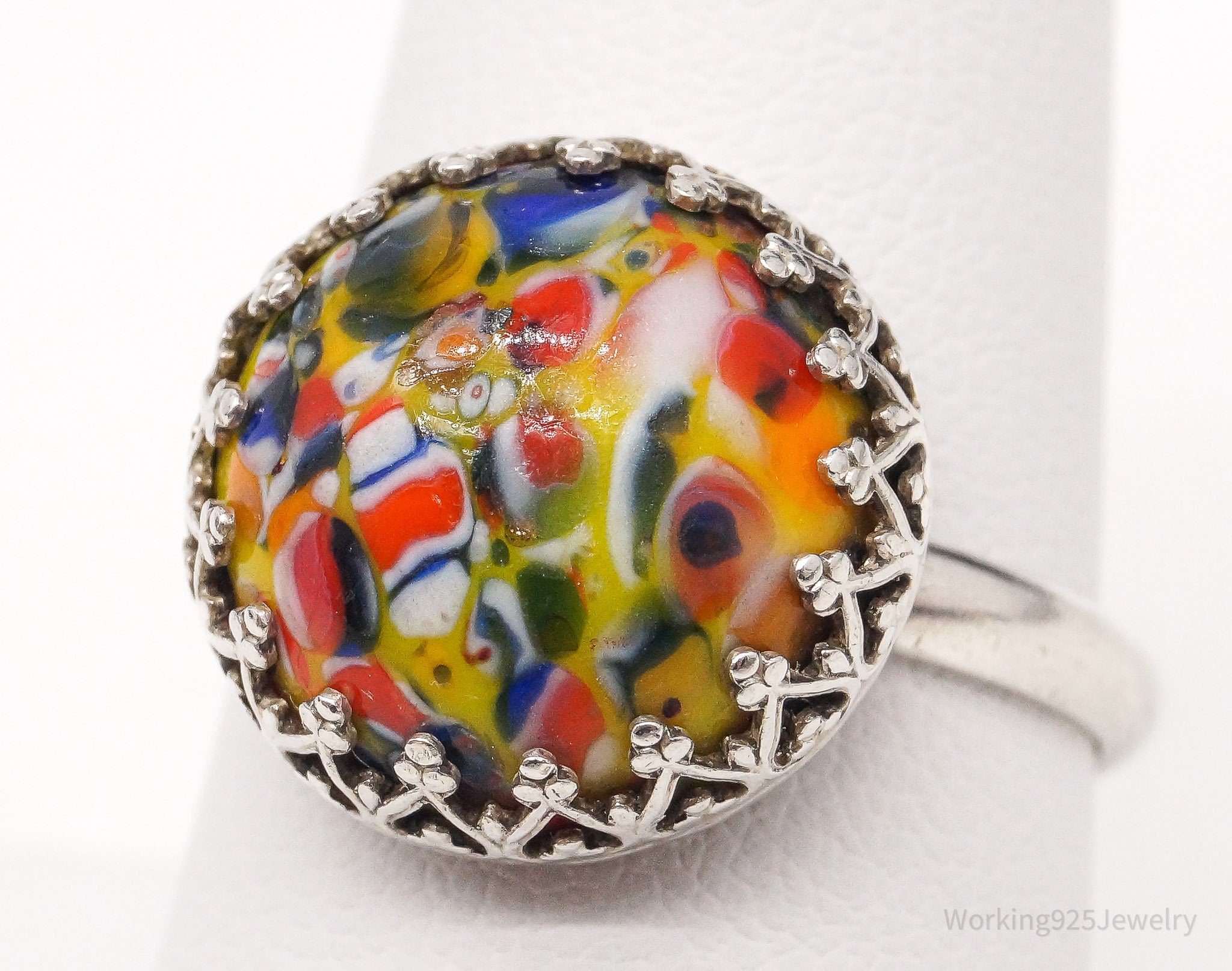 Vintage Murano Glass Silver Ring - Size 9