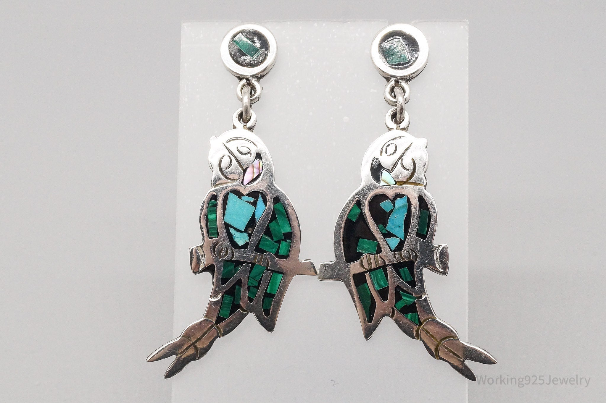 Vintage Large Mexico Turquoise Malachite Inlay Sterling Silver Birds Earrings
