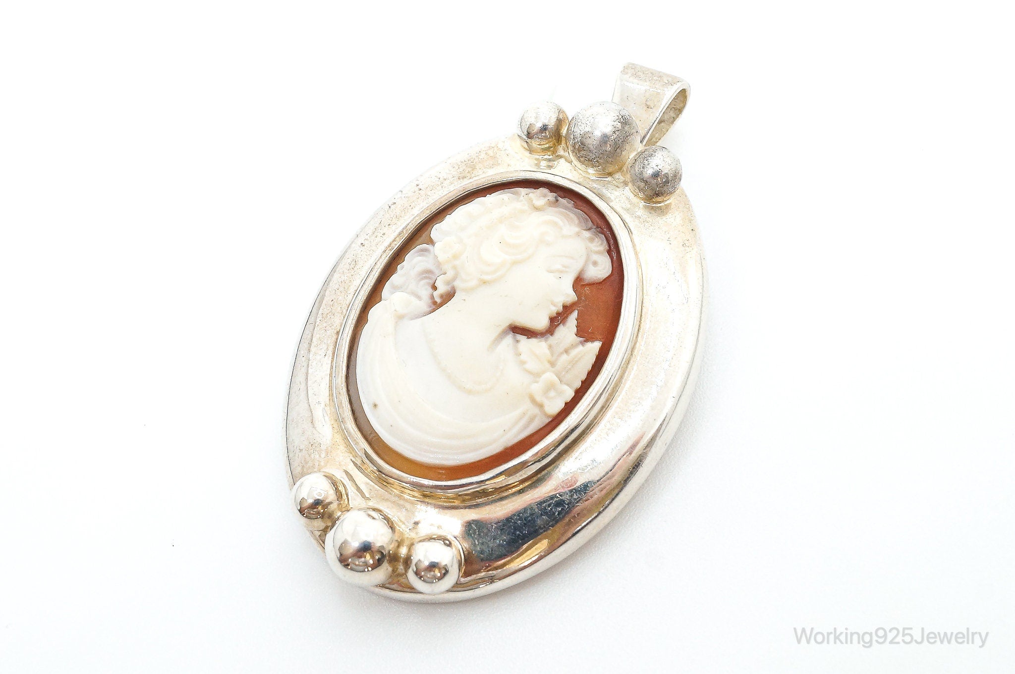 Vintage Large Joseph Esposito Carved Shell Cameo Sterling Silver Pin Pendant