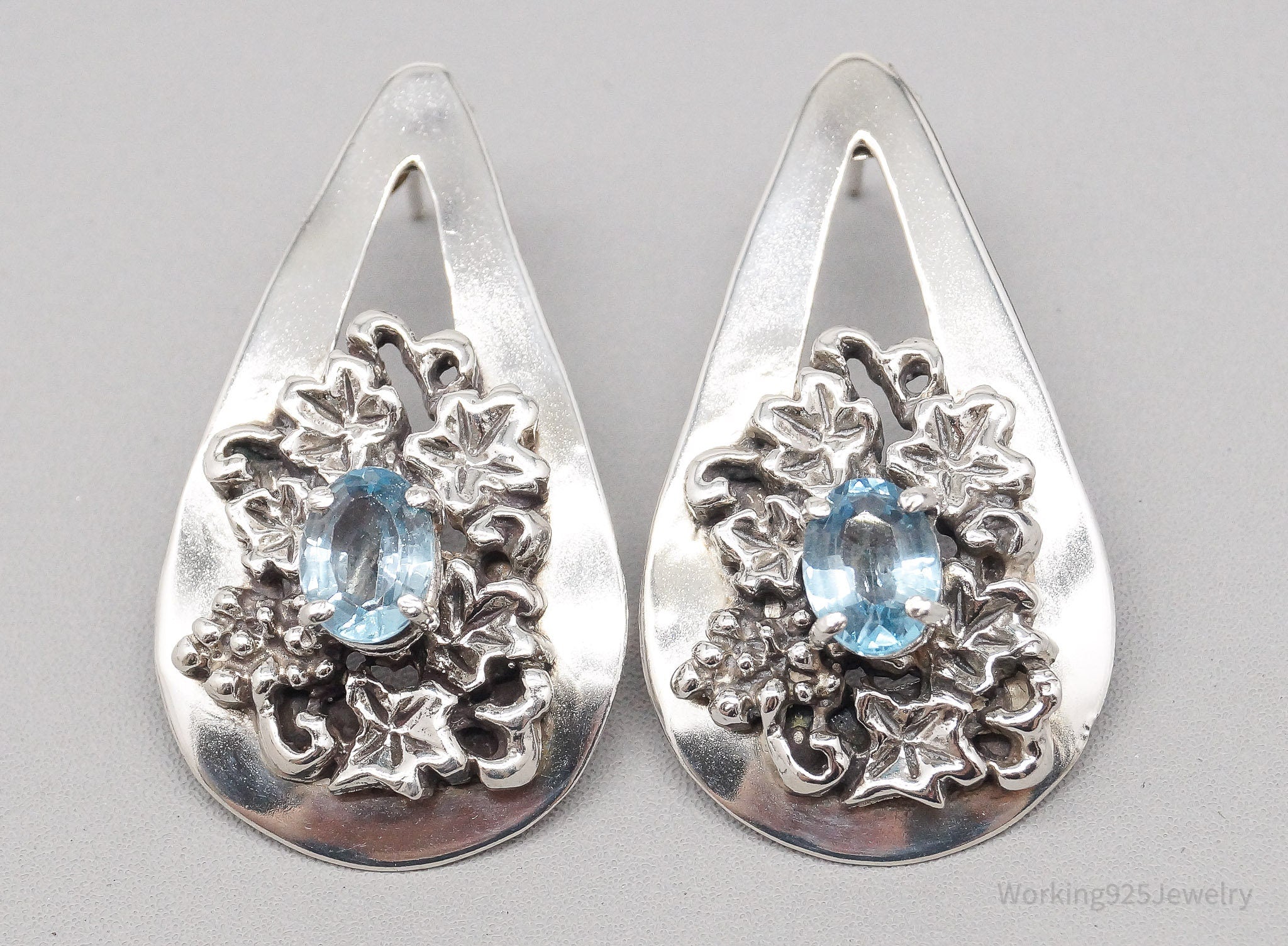 Vintage Blue Topaz Flowers Sterling Silver Earrings