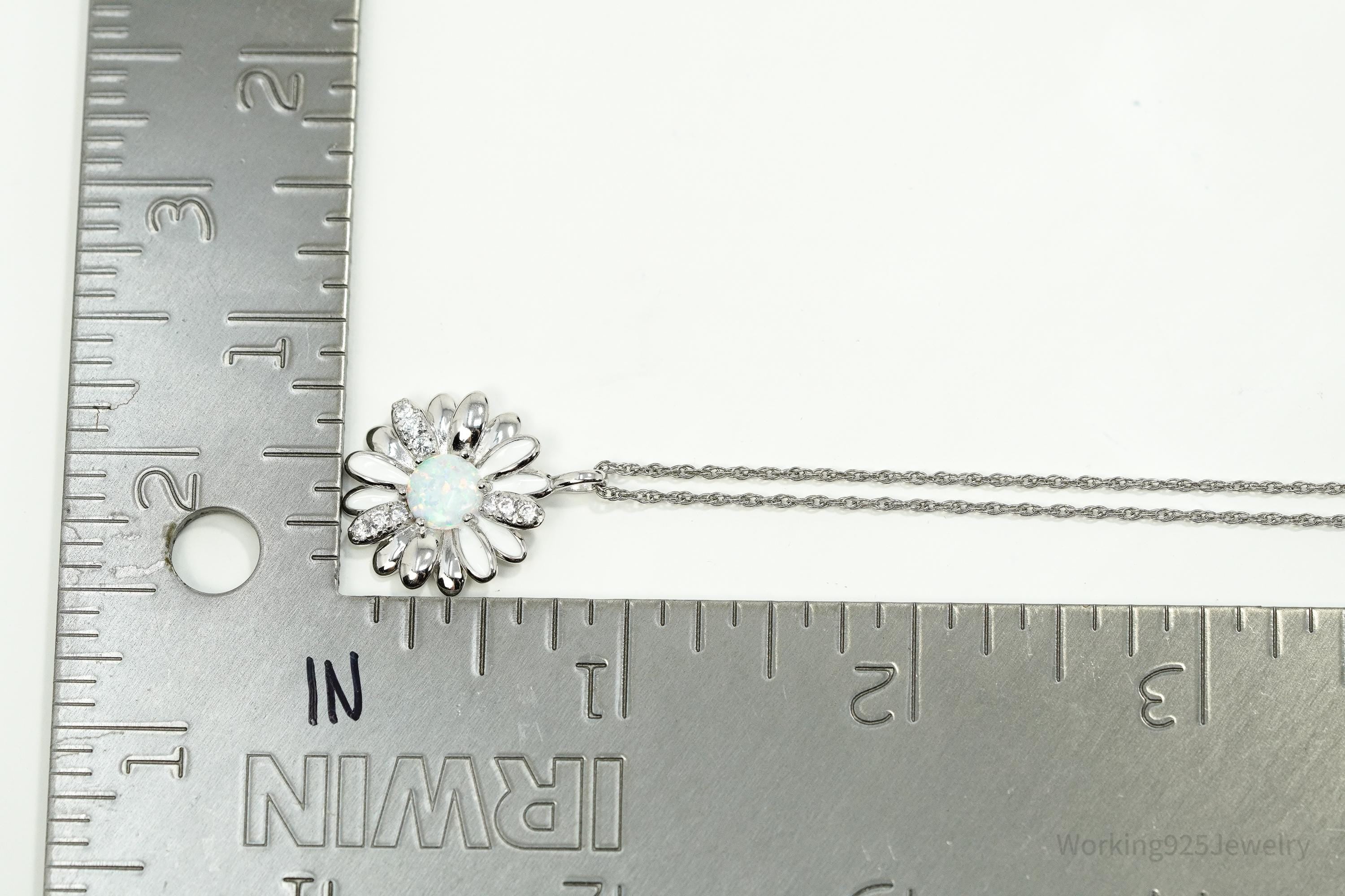 Opal & Cubic Zirconia Sterling Silver White Enamel Flower Chain Necklace 18"