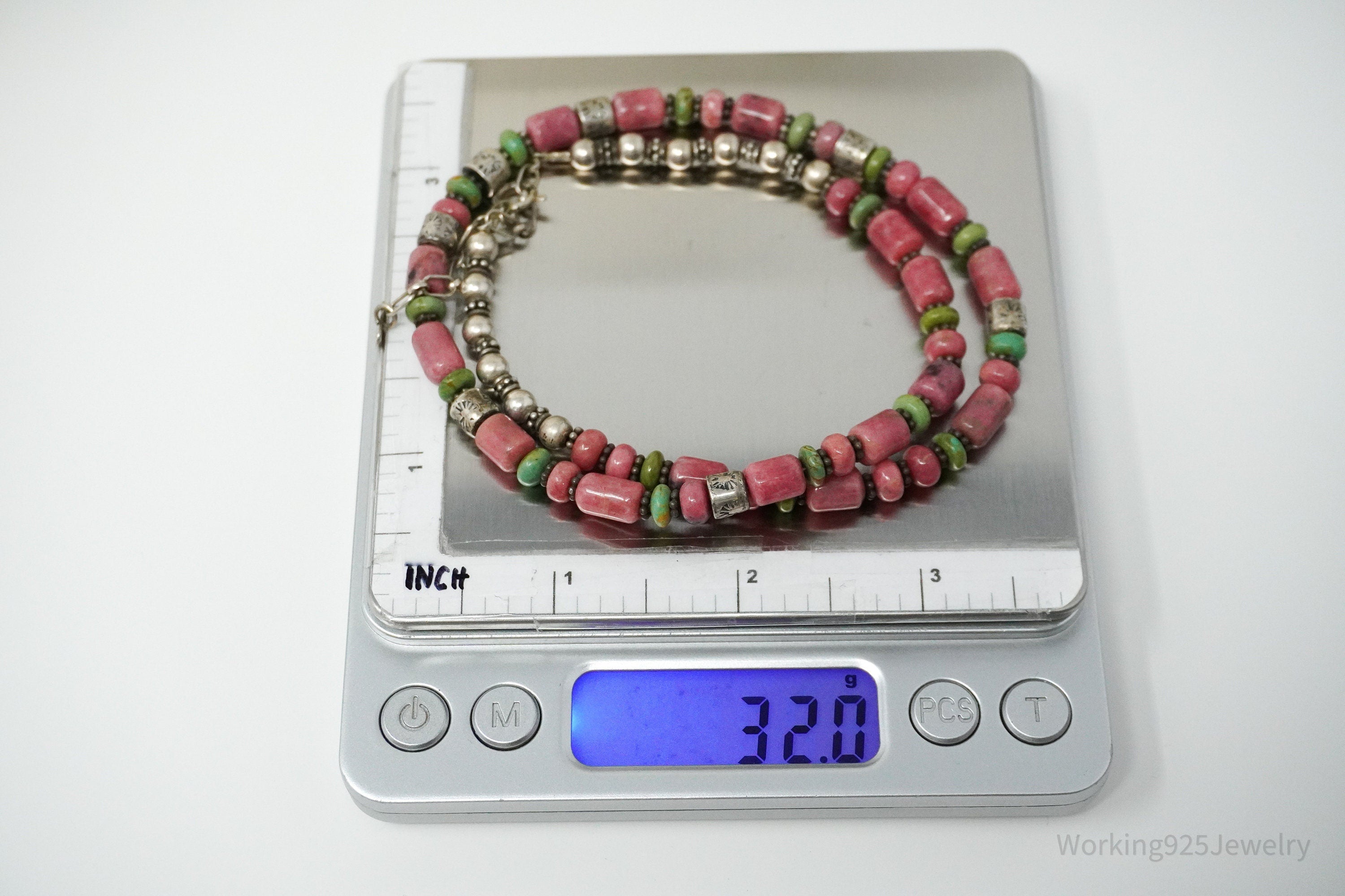 Vintage Western Rhodonite & Turquoise Bead Sterling Silver Necklace 19"