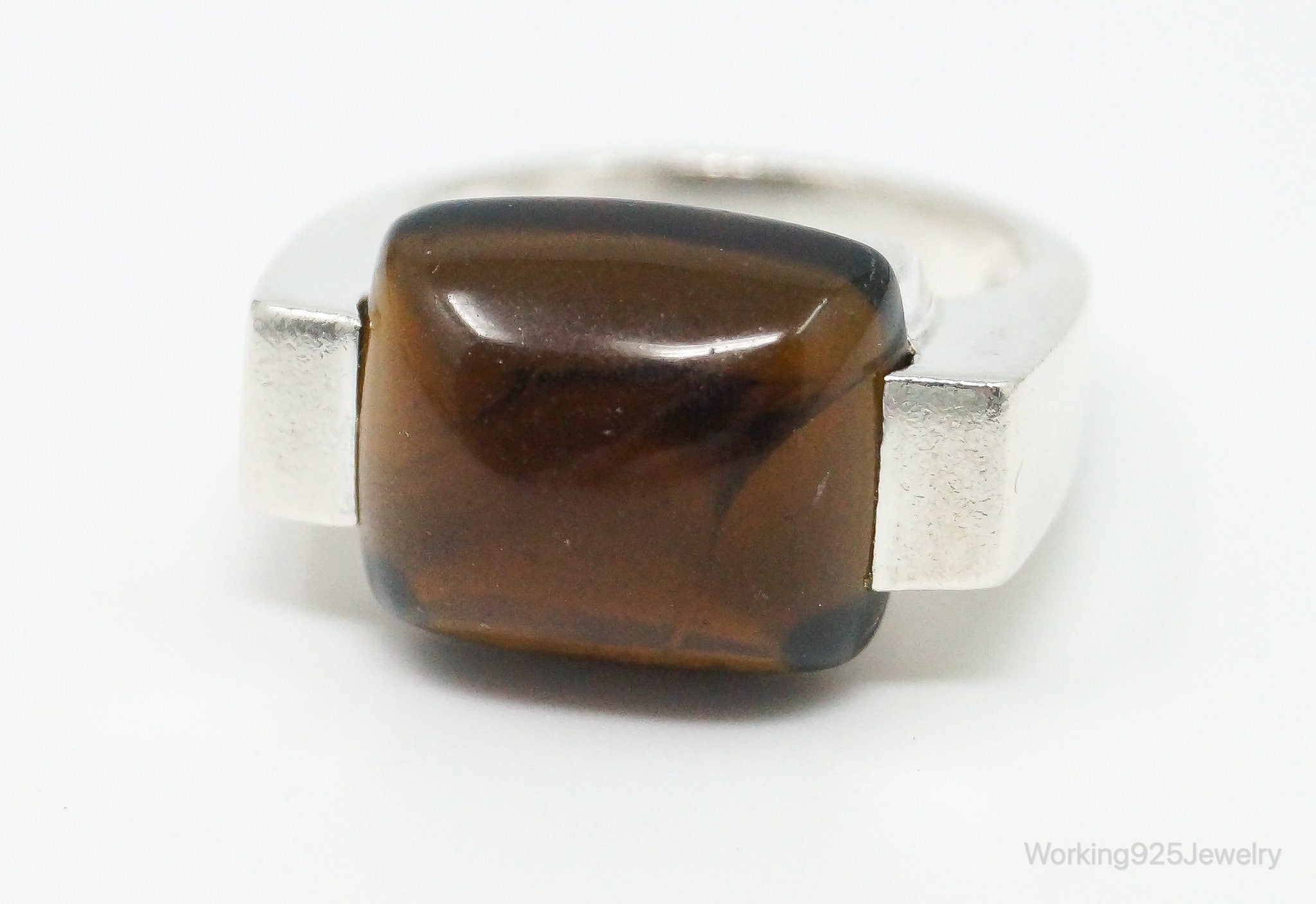 Vintage Large Dark Brown Amber Sterling Silver Ring - Size 6.25