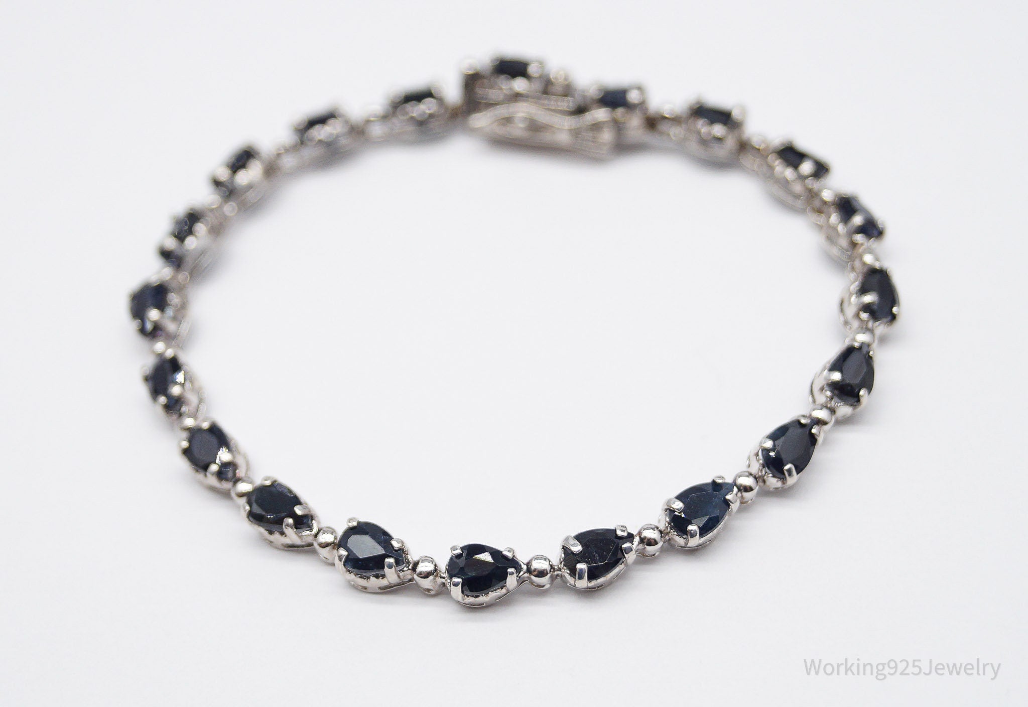 Vintage Blue Sapphire Sterling Silver Tennis Bracelet - 7 5/8"
