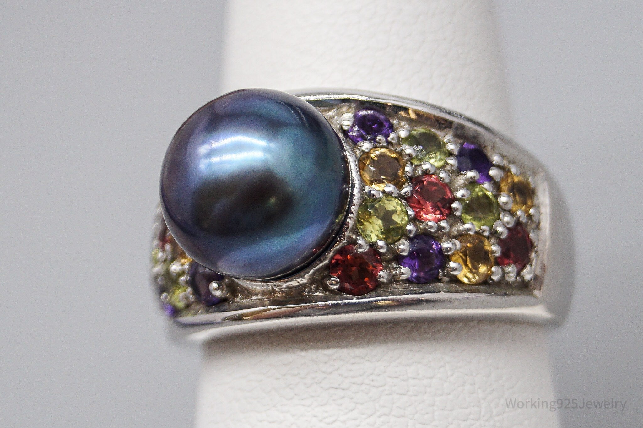 Vintage Designer Pearl & Multi Gem Sterling Silver Ring - Size 8