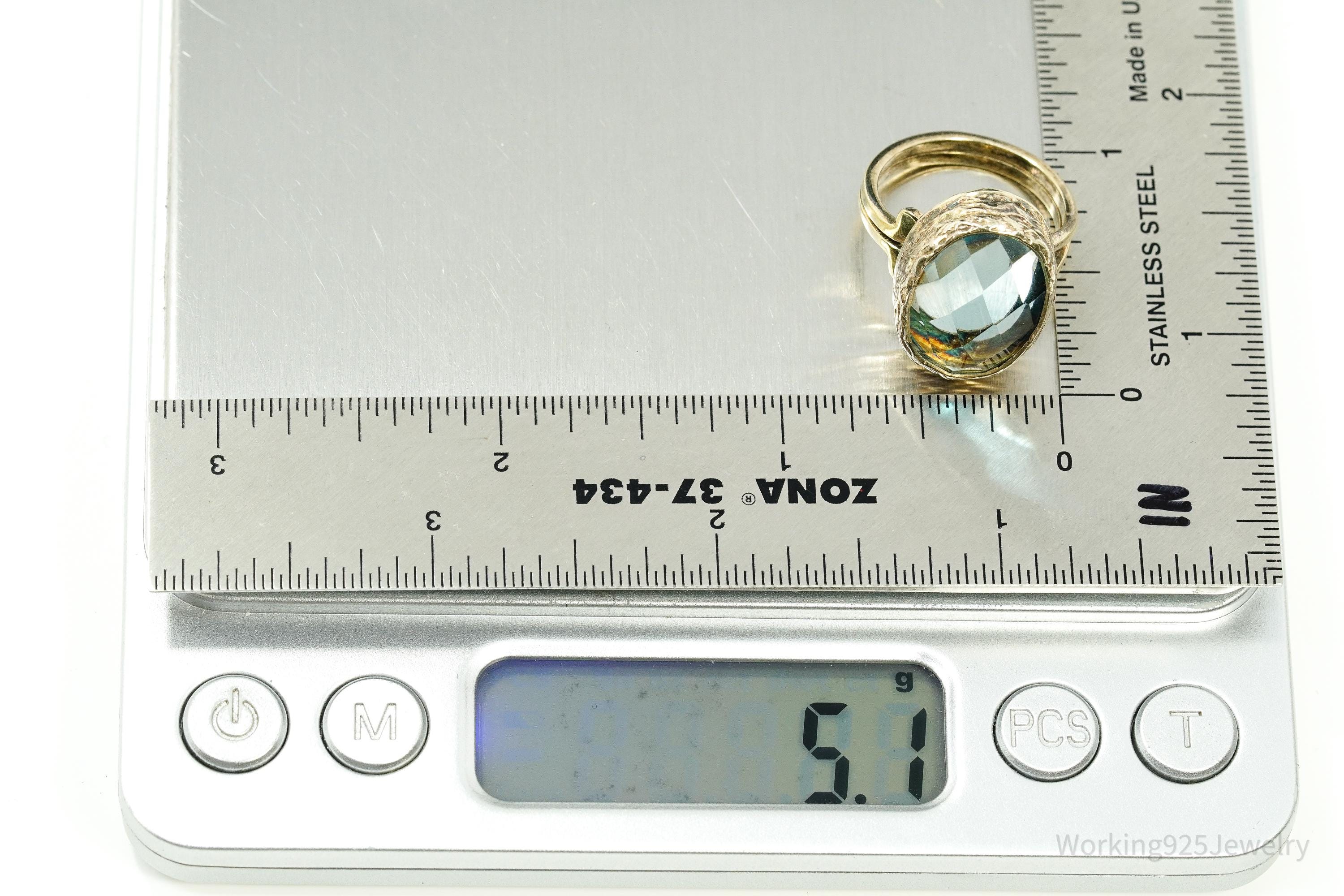 Vintage Blue Stone Gold Vermeil Sterling Silver Ring - Size 6.75 Adjustable